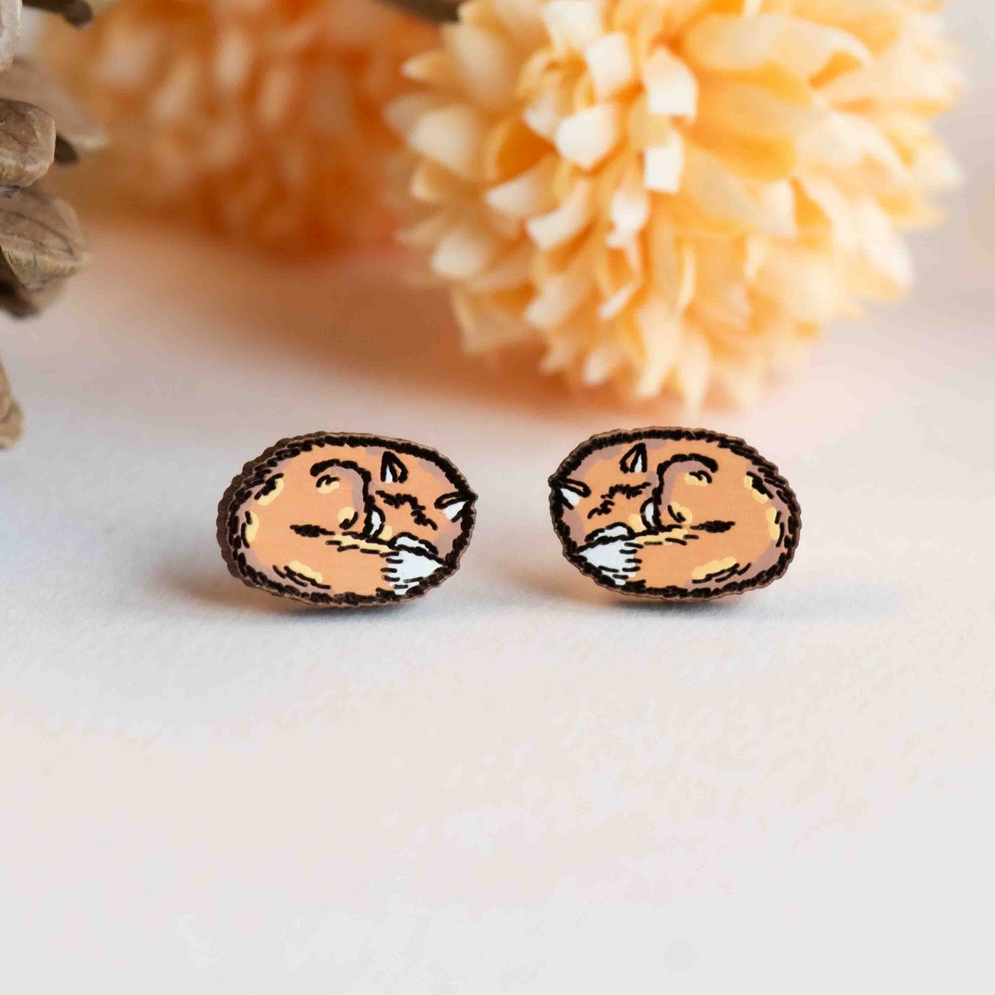 Hand - painted Sleeping Fox Wooden Earrings - PEL10351 - Robin Valley Official Store