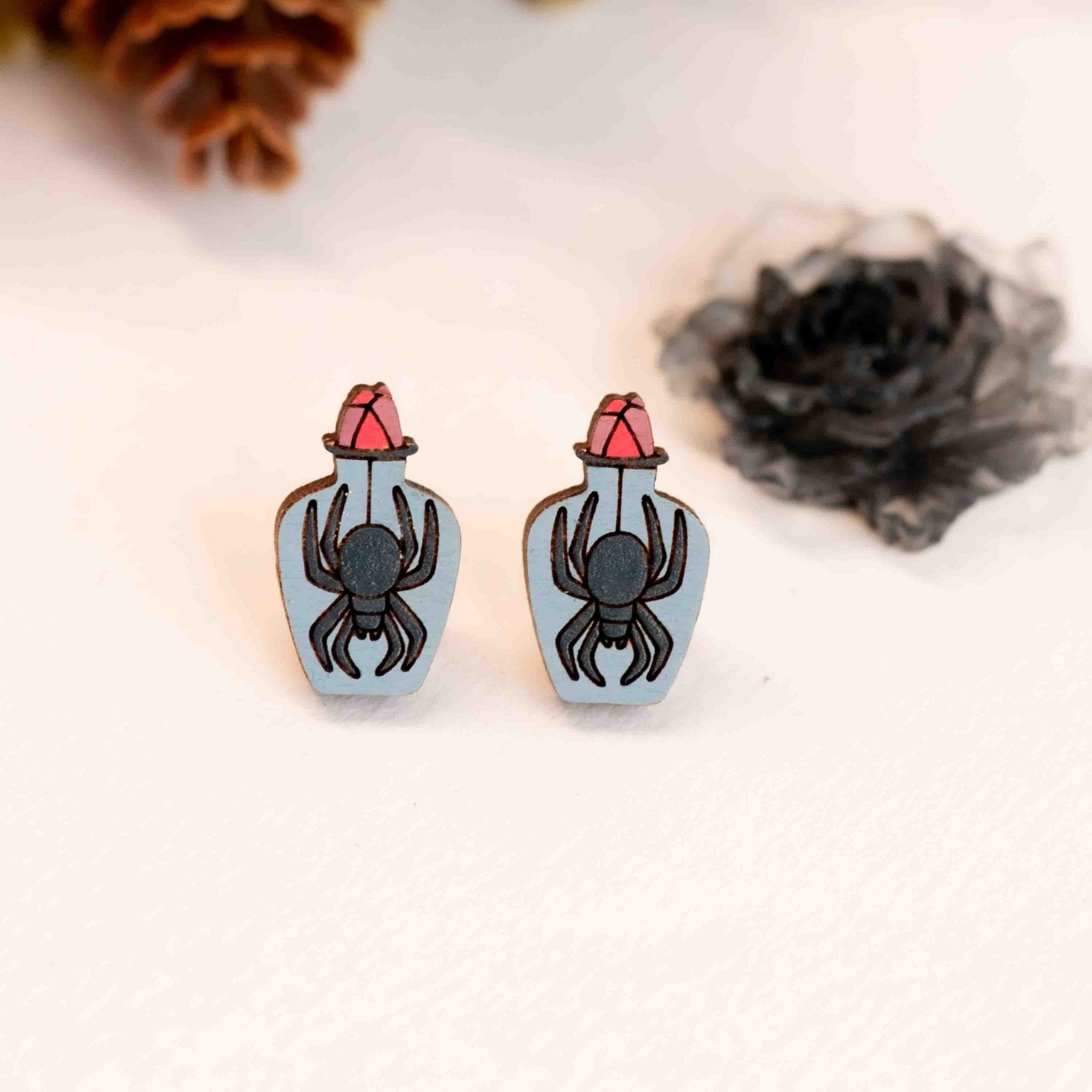 Hand - painted Spider Potion Wooden Stud Earrings - PET15490 - Robin Valley Official Store