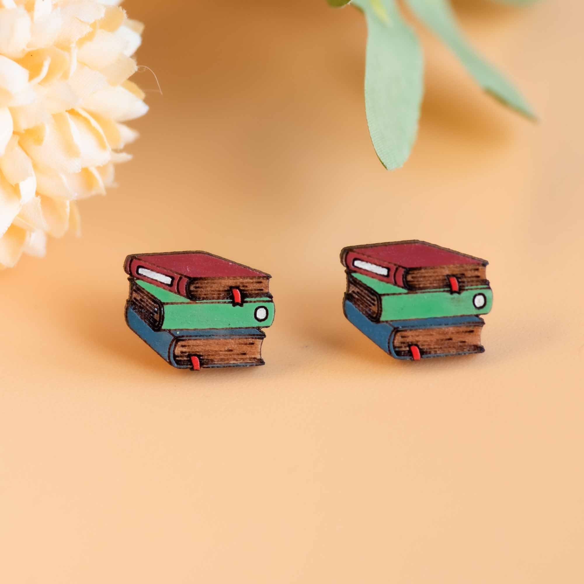 Hand - painted Stacking Books Wooden Earrings - PET15281 - Robin Valley Official Store