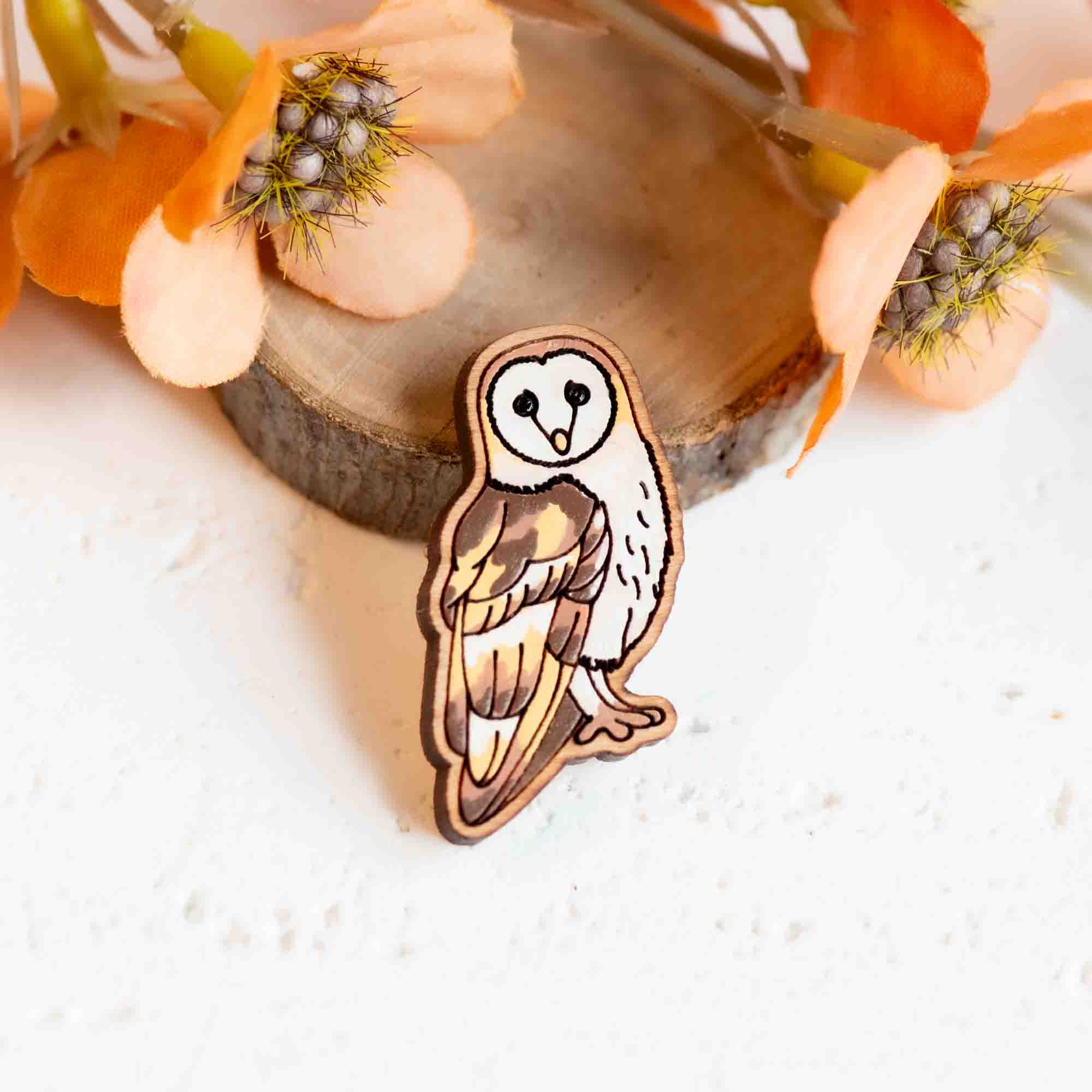 Hand - painted Standing Barn Owl Wooden Pin Badge - PL40484 - Robin Valley Official Store