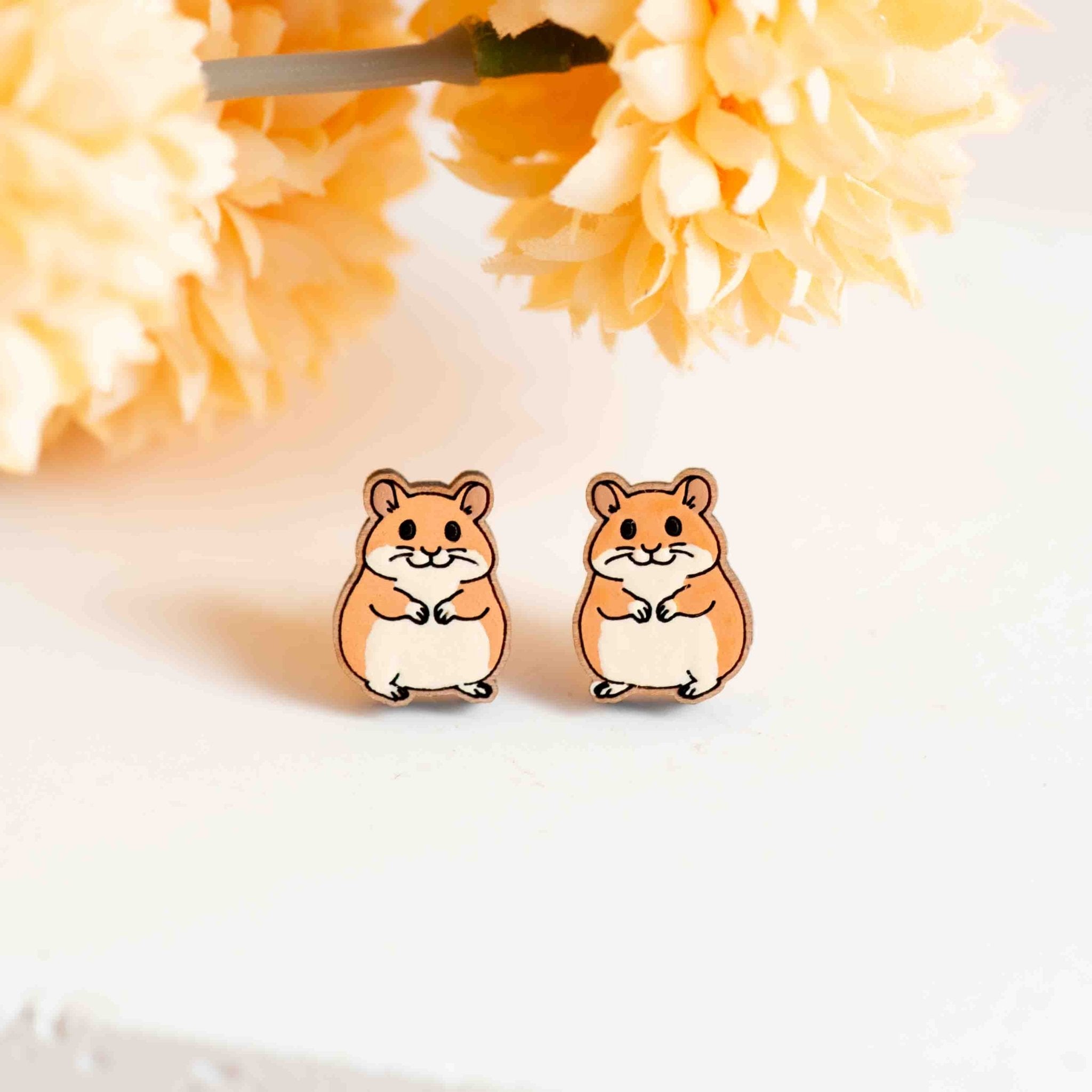 Hand - painted Standing Hamster Wooden Stud Earrings - PEL10503 - Robin Valley Official Store