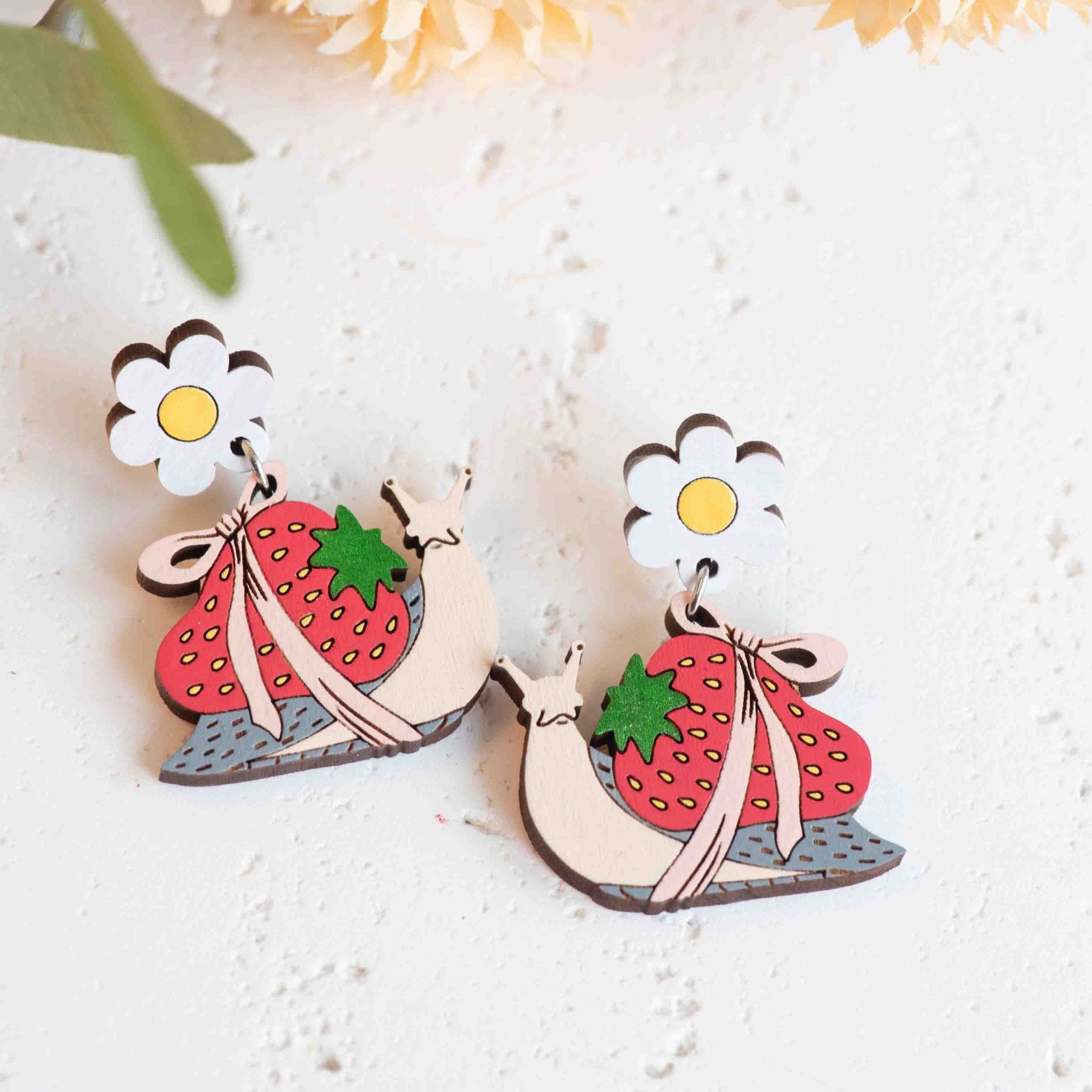 Hand - painted Strawberry Snail Drop Earrings - PEL10436D - Robin Valley Official Store