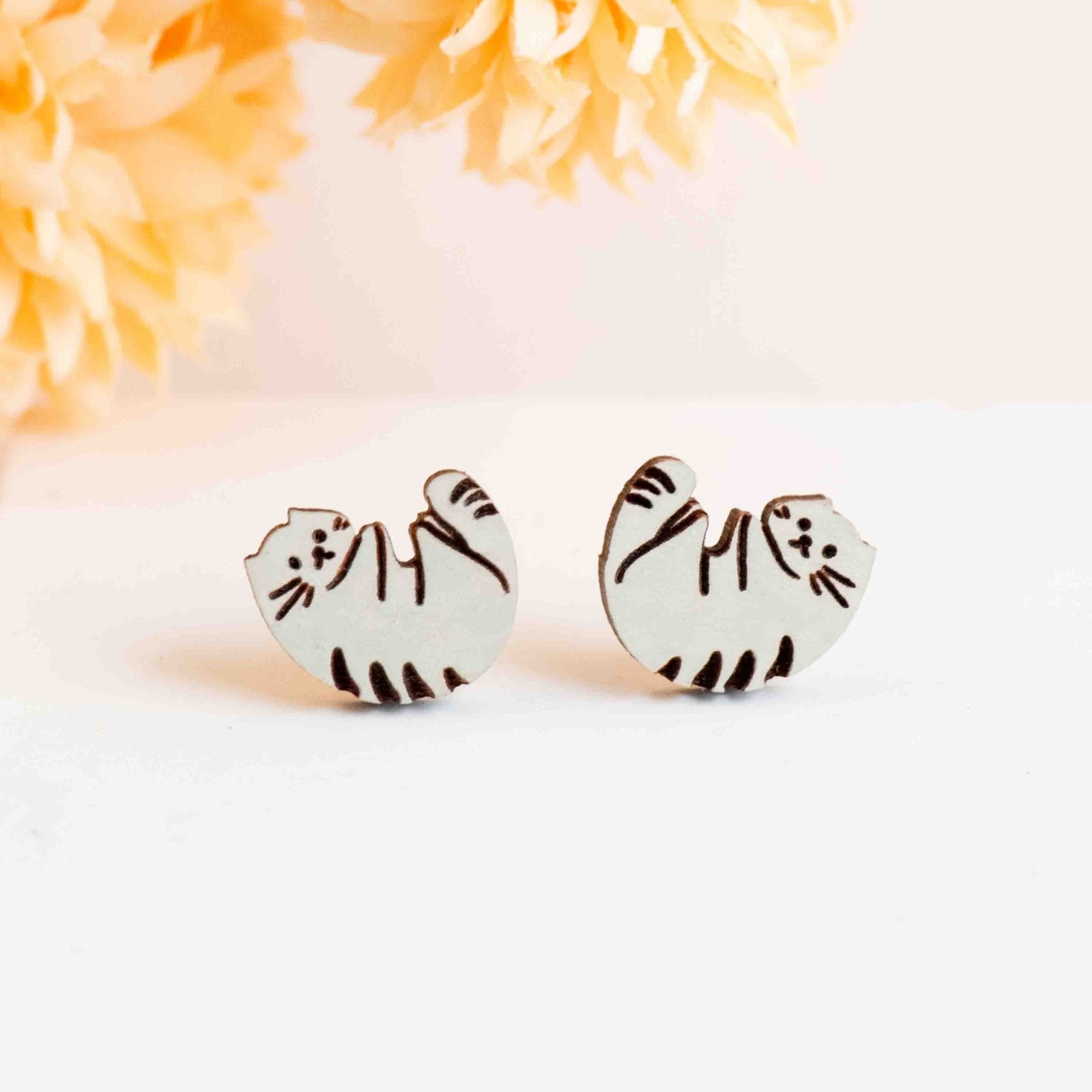 Hand - painted Stripy Cat Wooden Stud Earrings - PEL10480 - Robin Valley Official Store