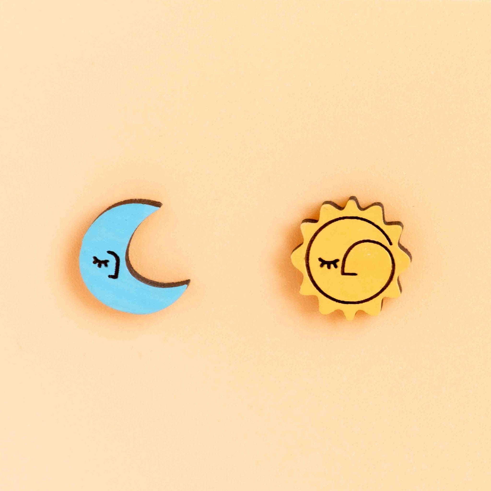 Hand - painted Sun and Crescent Wooden Stud Earrings - PEO14224 - Robin Valley Official Store