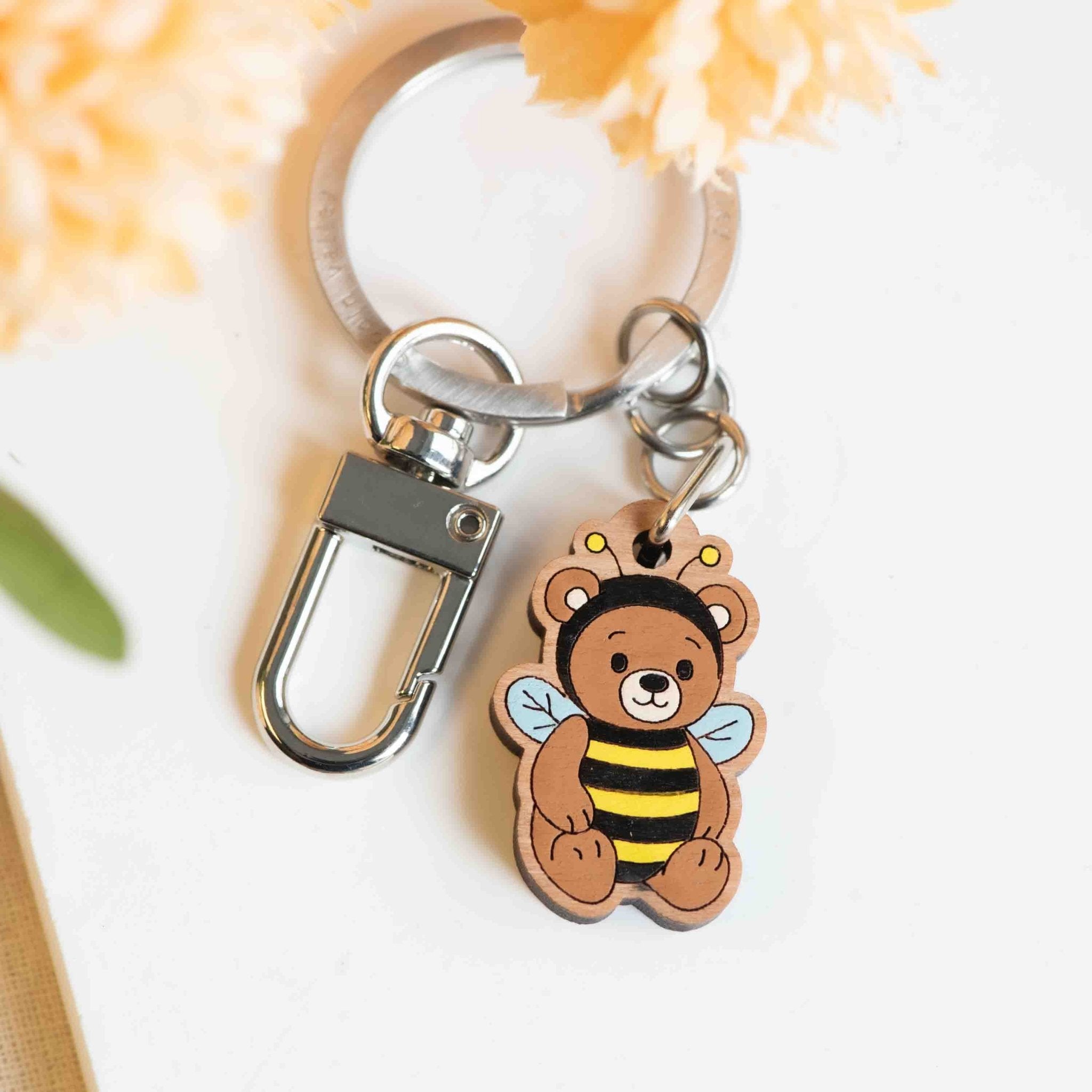 Hand - painted Teddy Bear in Bee Costume Wooden Keyring - KL20443 - Robin Valley Official Store