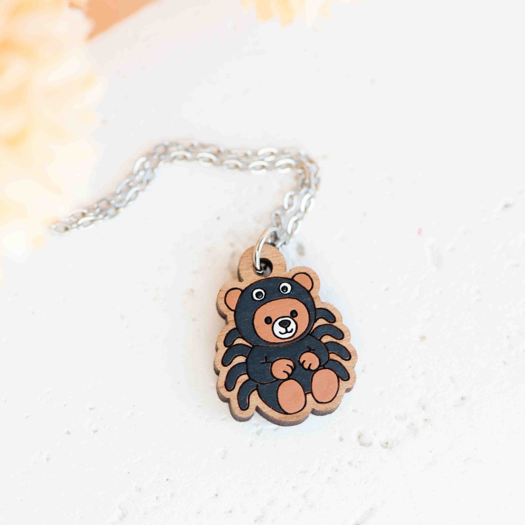 Hand Painted Teddy in Spider Costume Wooden Necklace - NL60489 - Robin Valley Official Store