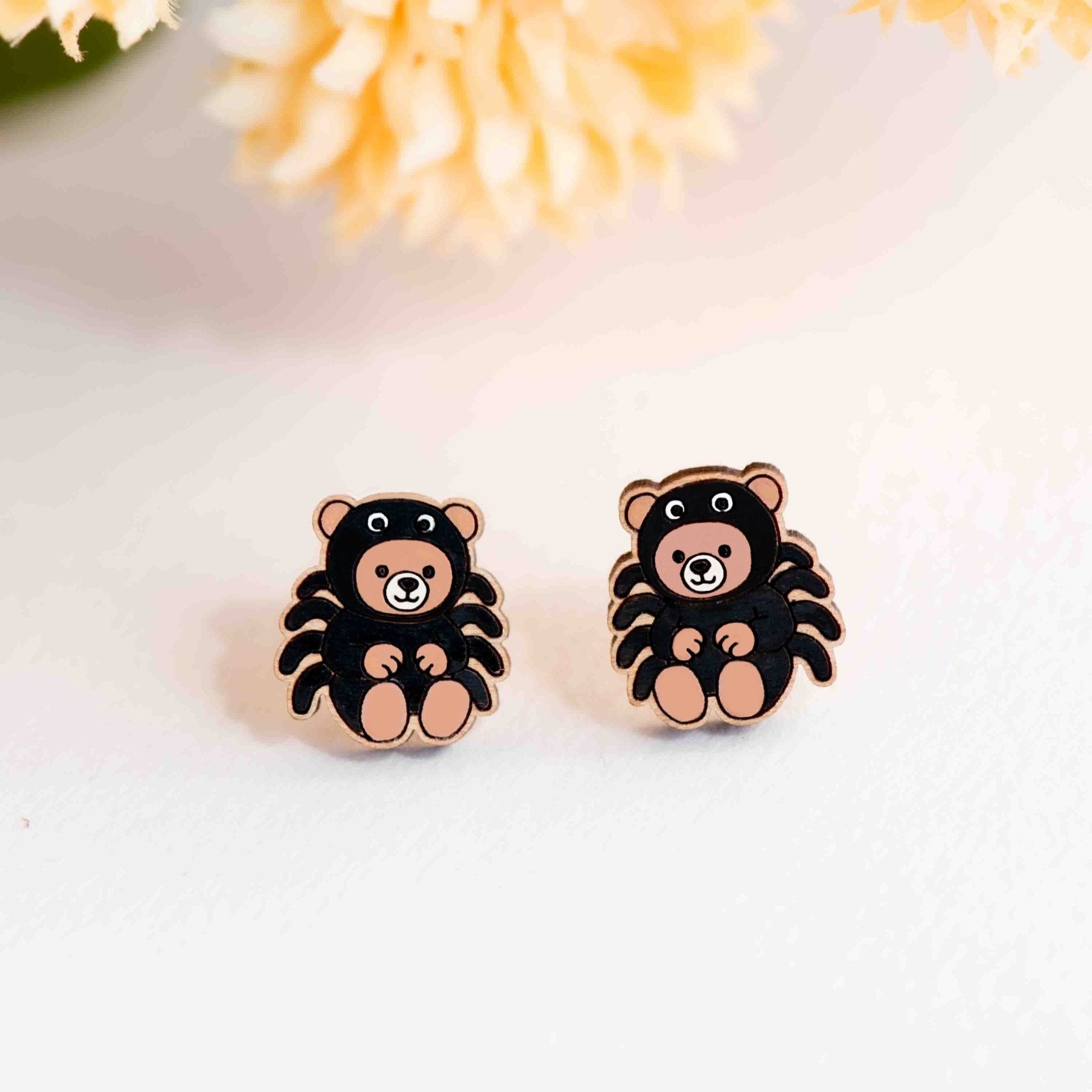 Hand - painted Teddy in Spider Costume Wooden Stud Earrings - PEL10489 - Robin Valley Official Store