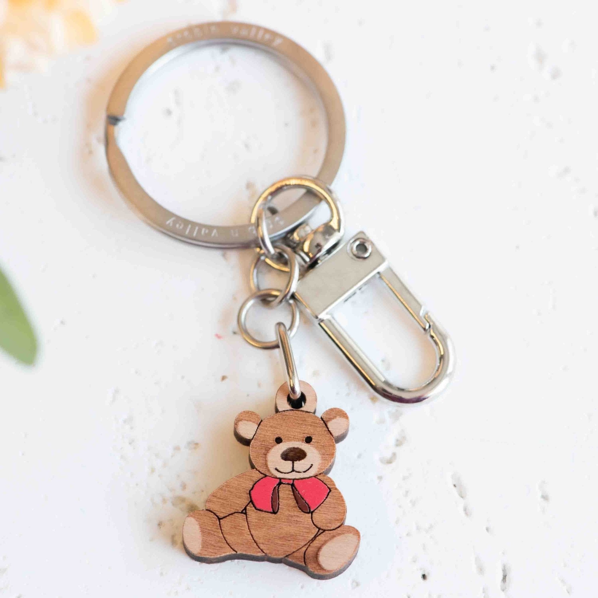 Hand - painted Teddy with Bow Tie Wooden Keyring - KL20095 - Robin Valley Official Store