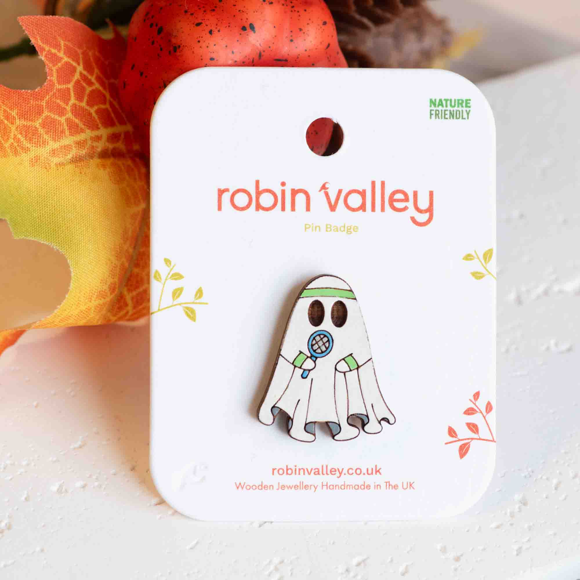 Hand - painted Tennis Player Ghost Wooden Pin Badge - PT45292 - Robin Valley Official Store