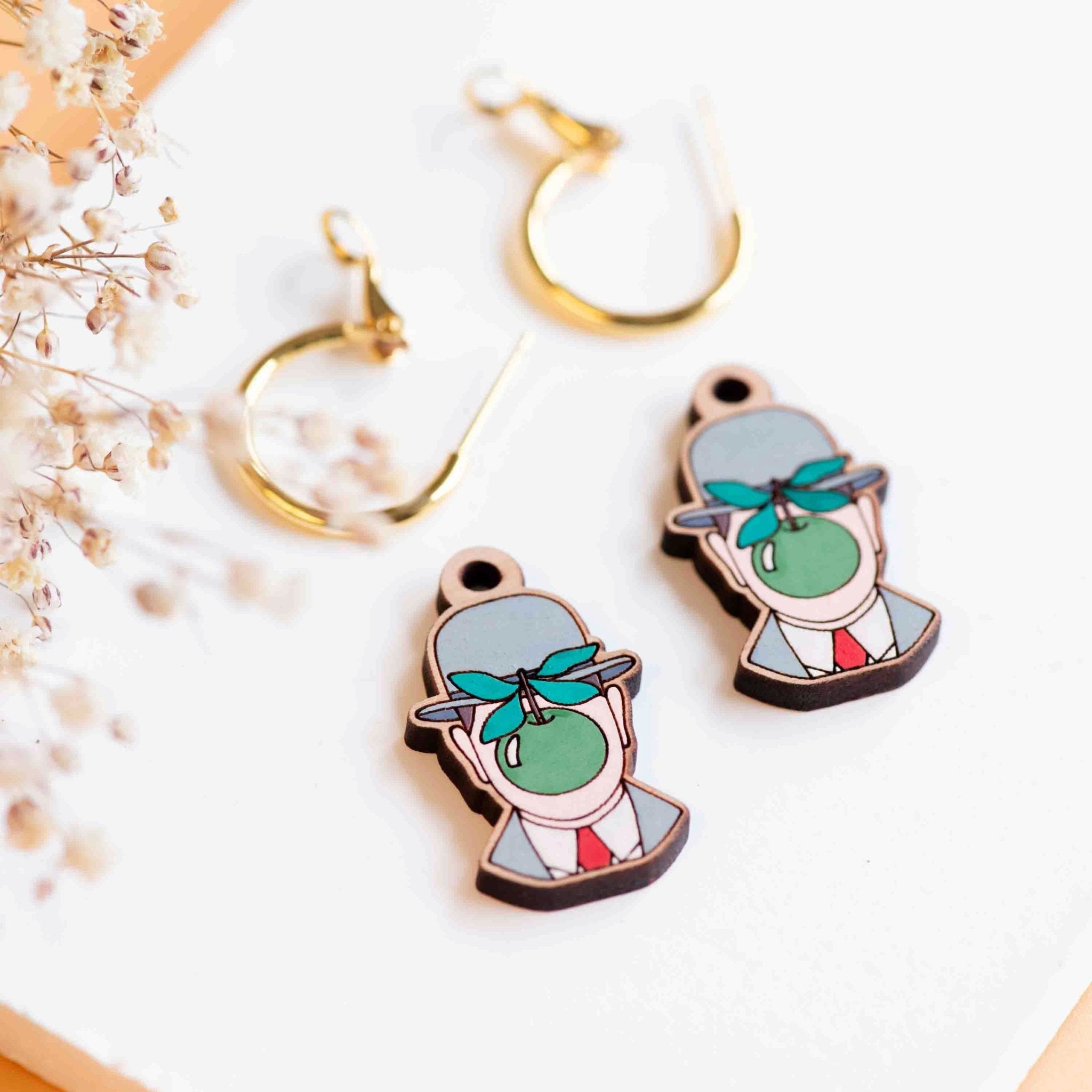 Hand - painted The Son of Man Hoop Earrings Inspired by René Magritte - PET15126H - Robin Valley Official Store