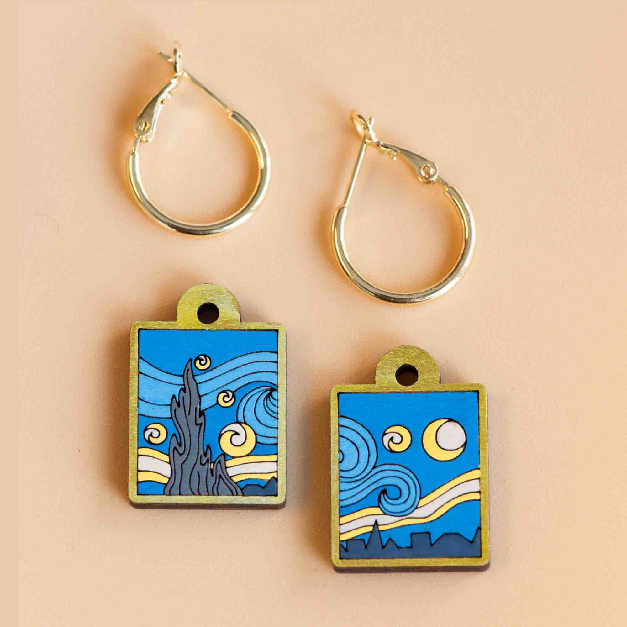 Hand - painted The Starry Night Hoop Earrings Inspired by Vincent van Gogh - PET15127H - Robin Valley Official Store