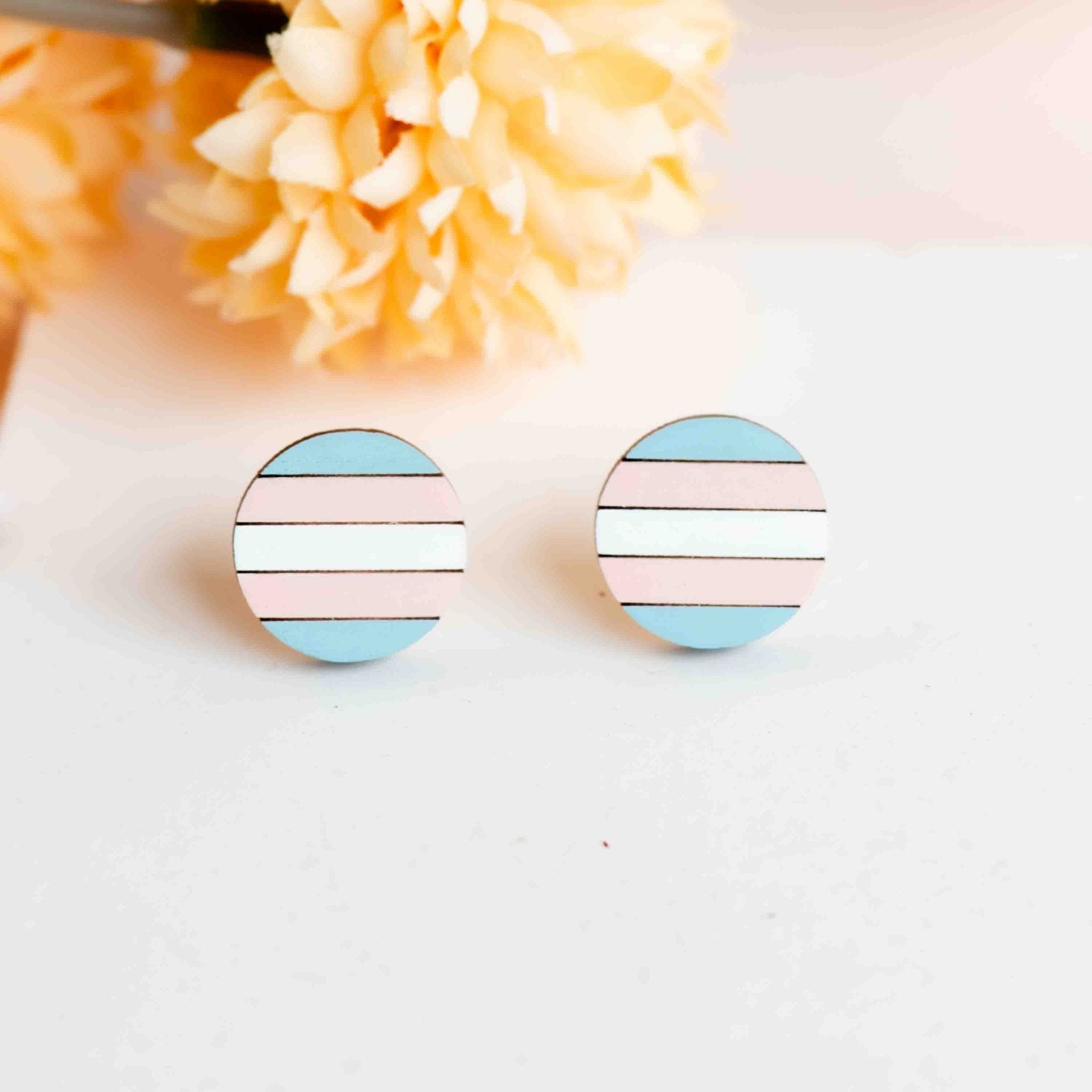 Hand - painted Transgender Flag Round Wooden Stud Earrings - PET15470 - Robin Valley Official Store