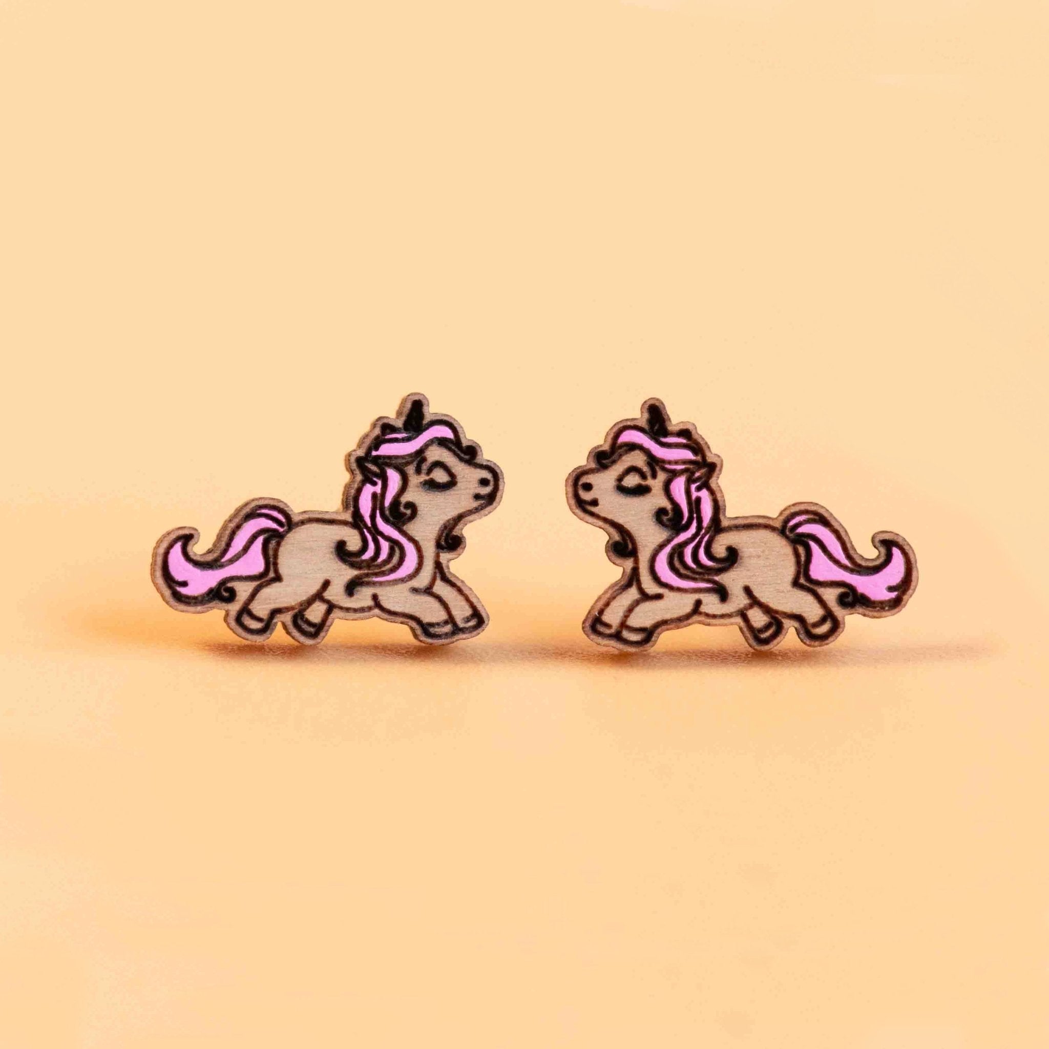 Hand - Painted Unicorn (running) Wooden Stud Earrings - PEO14055 - Robin Valley Official Store