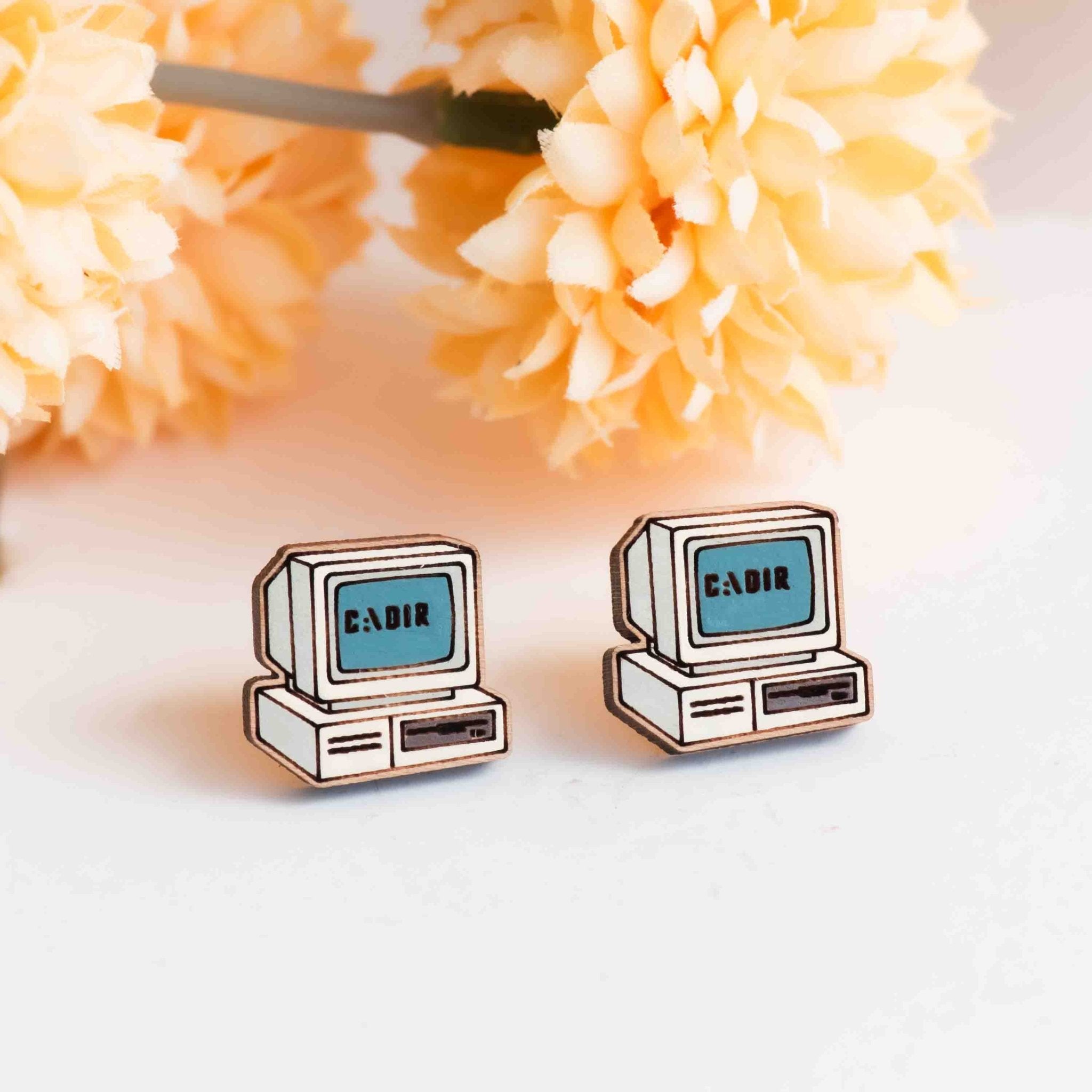 Hand - painted Vintage Computer Wooden Earrings - PET15465 - Robin Valley Official Store