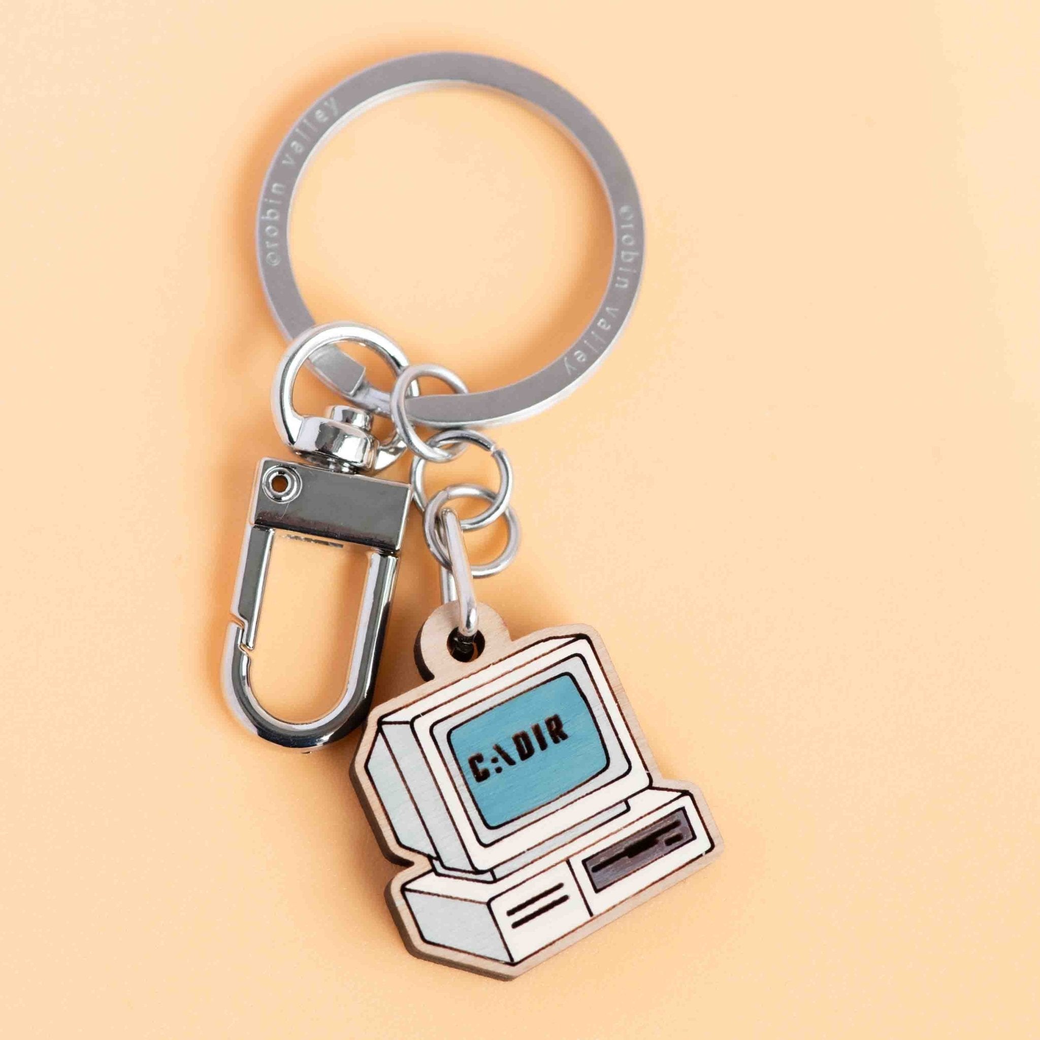 Hand - painted Vintage Computer Wooden Keyring - KT25465 - Robin Valley Official Store