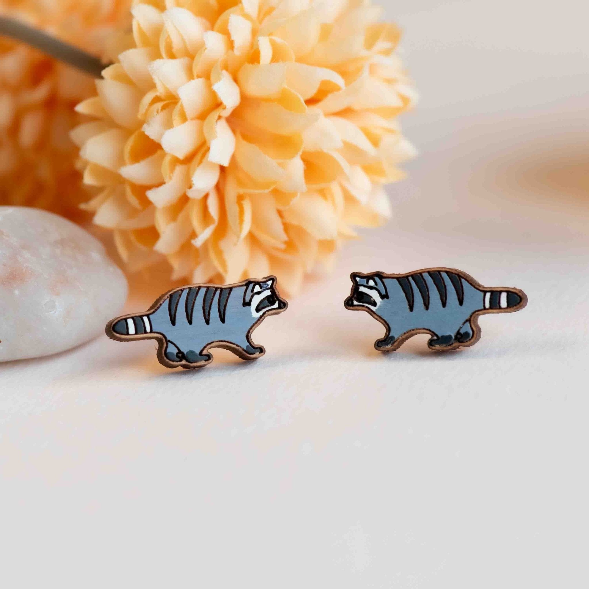 Hand - painted Walking Raccoon Wooden Earrings - PEL10352 - Robin Valley Official Store