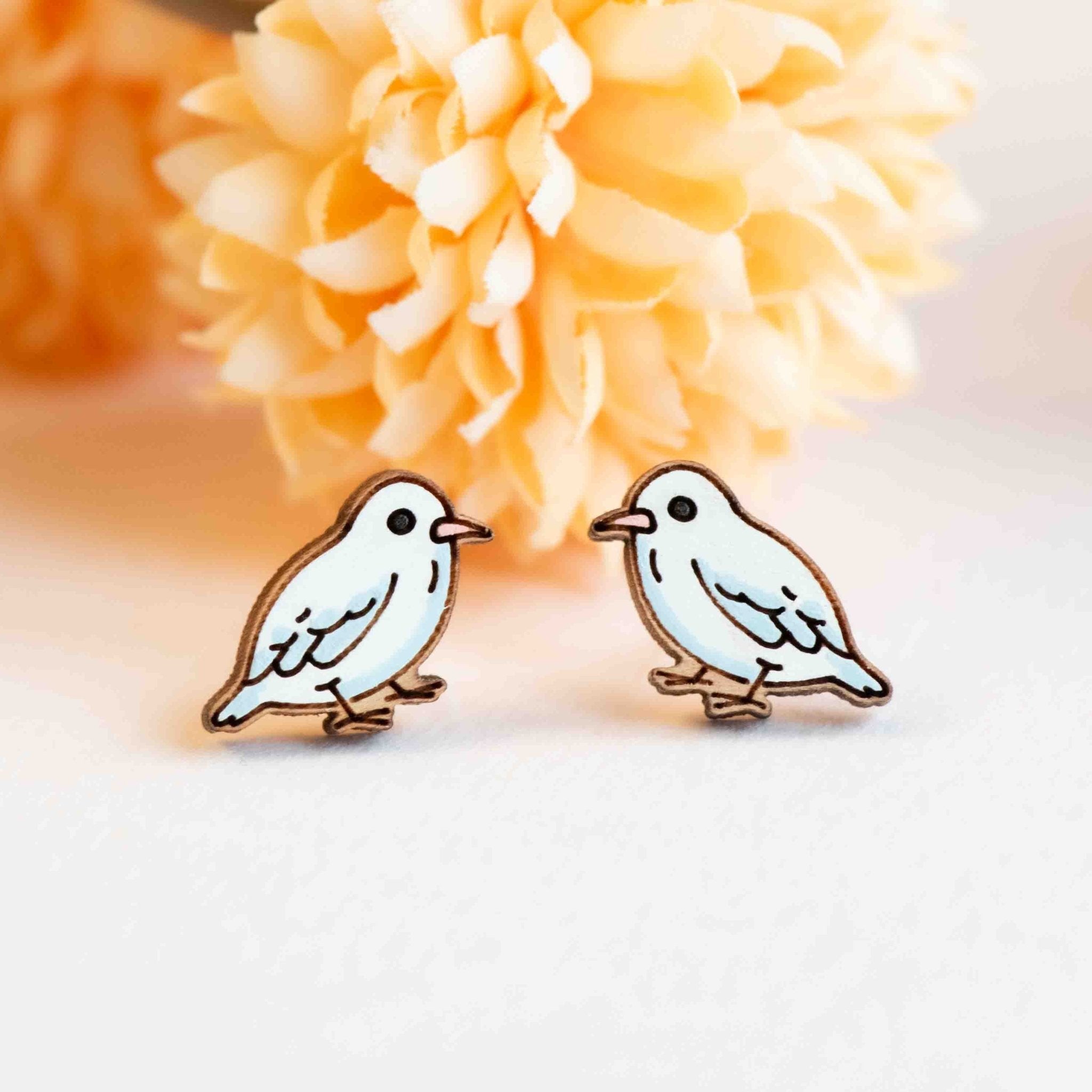 Hand - painted White Bird Wooden Earrings - PEB12073 - Robin Valley Official Store