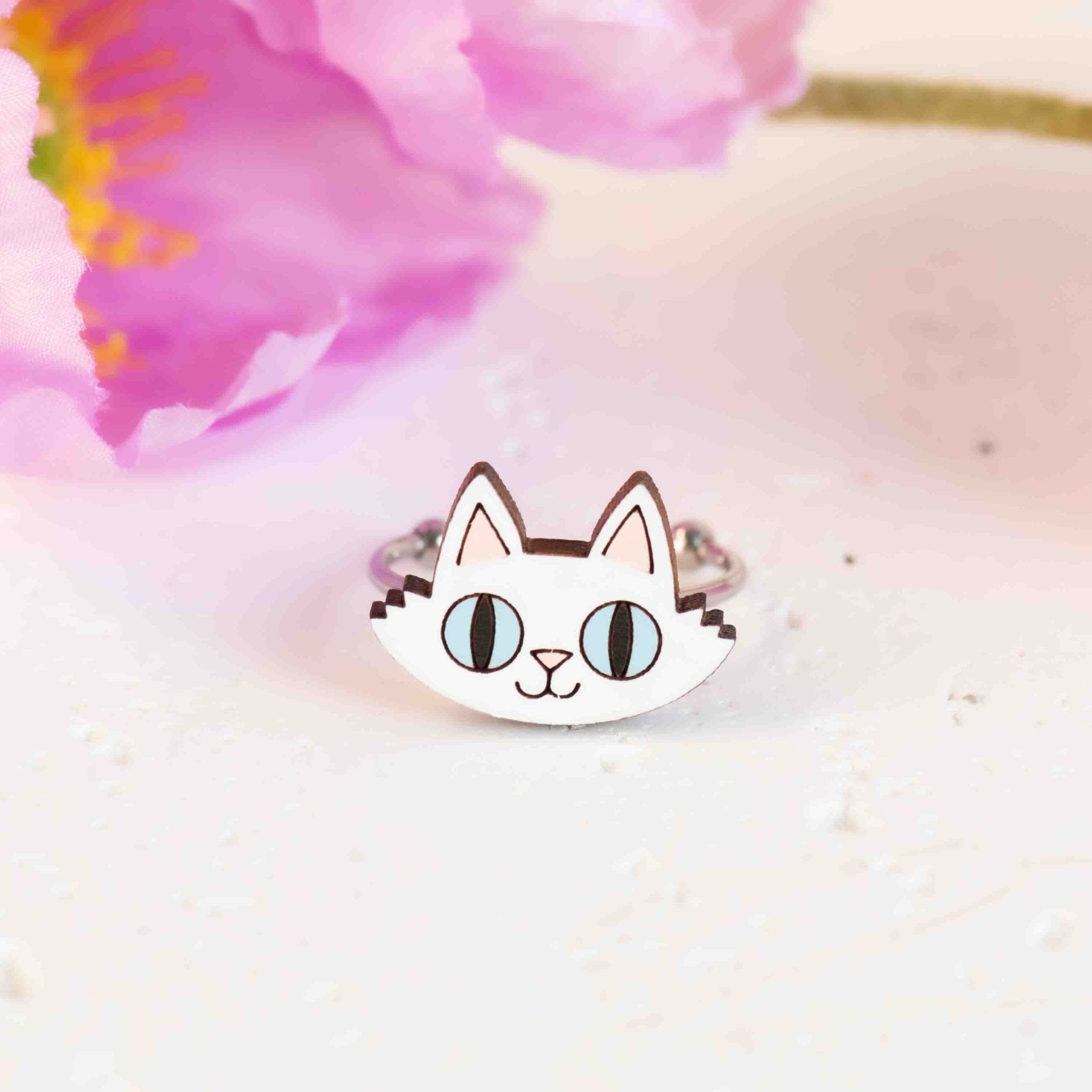Hand - Painted White Cat Adjustable Wooden Ring - RL70085W - Robin Valley Official Store