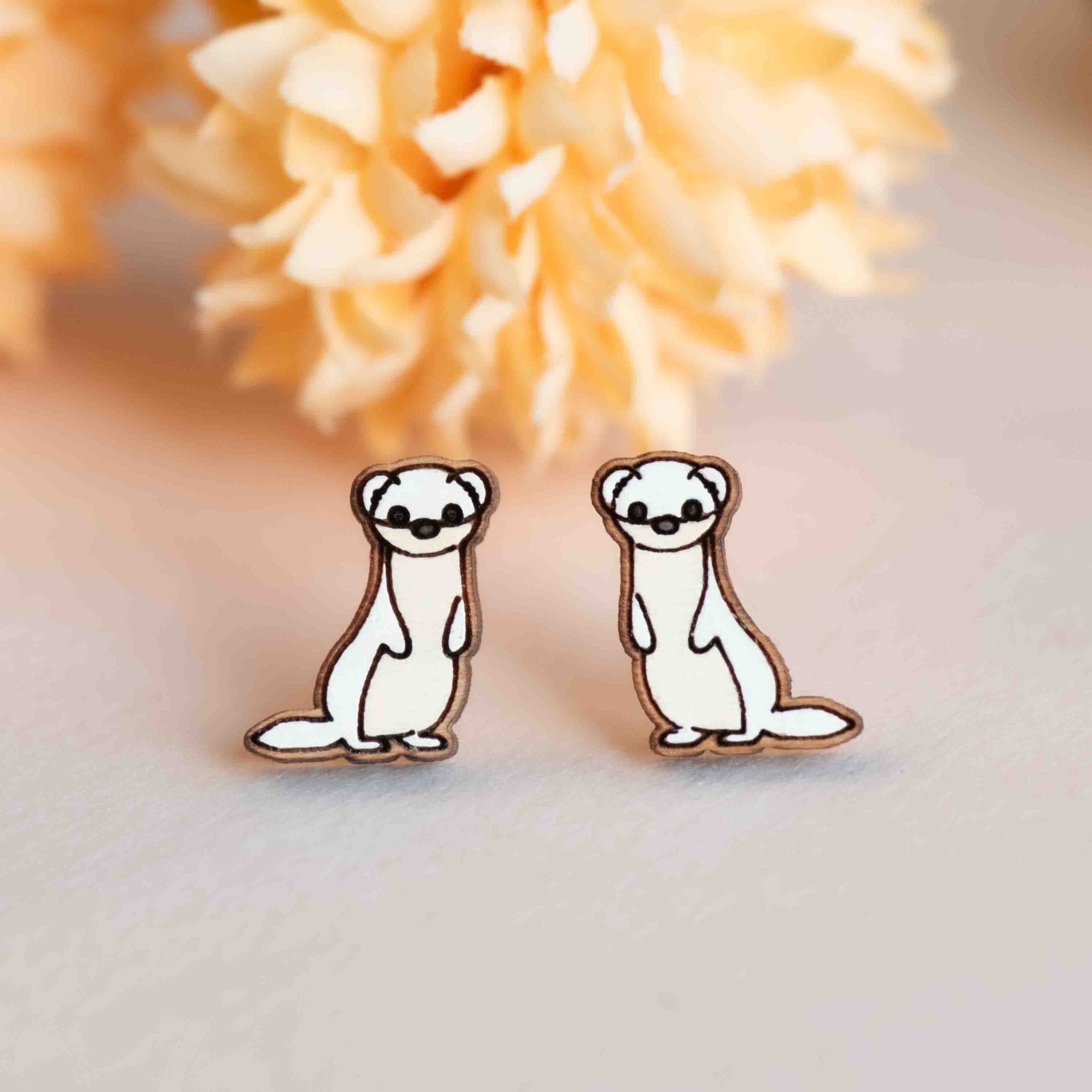 Hand - painted White Ferret Wooden Earrings - PEL10362 - Robin Valley Official Store
