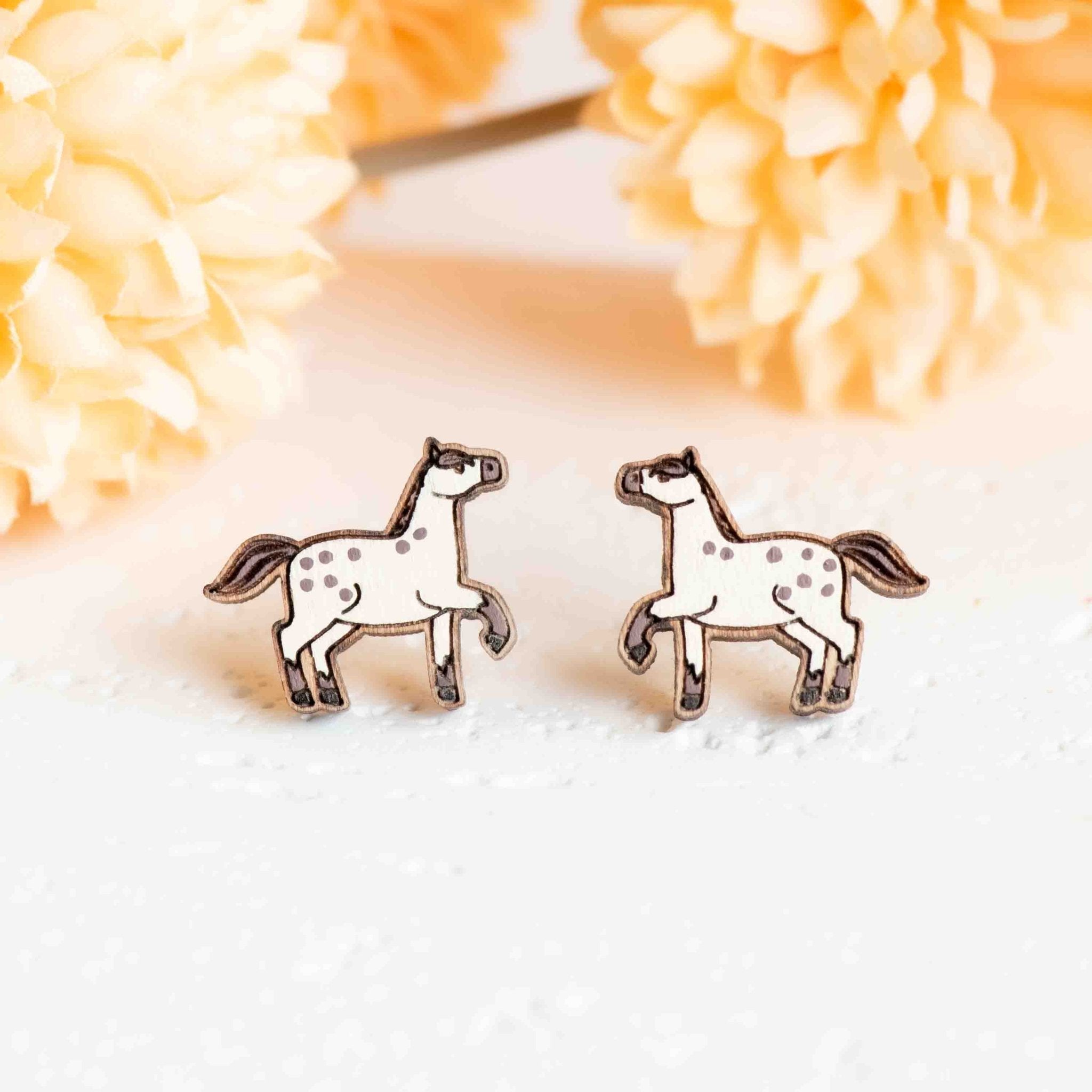 Hand - painted White Horse Wooden Stud Earrings - PEL10374 - Robin Valley Official Store