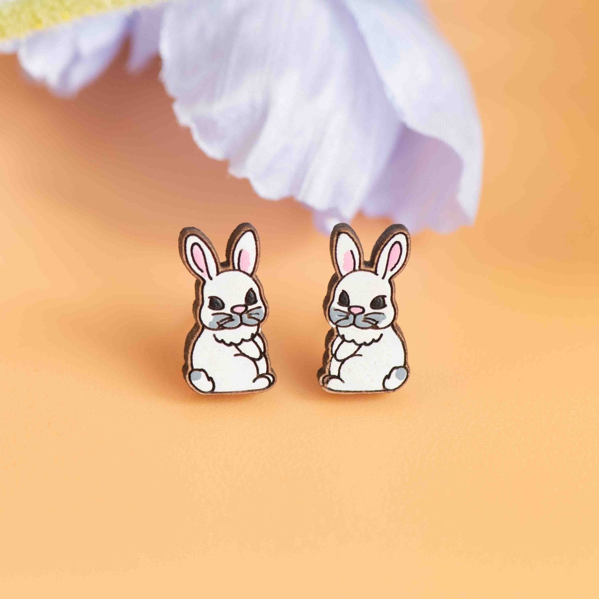 Hand - painted White Rabbit Wooden Earrings - PEL10312 - Robin Valley Official Store