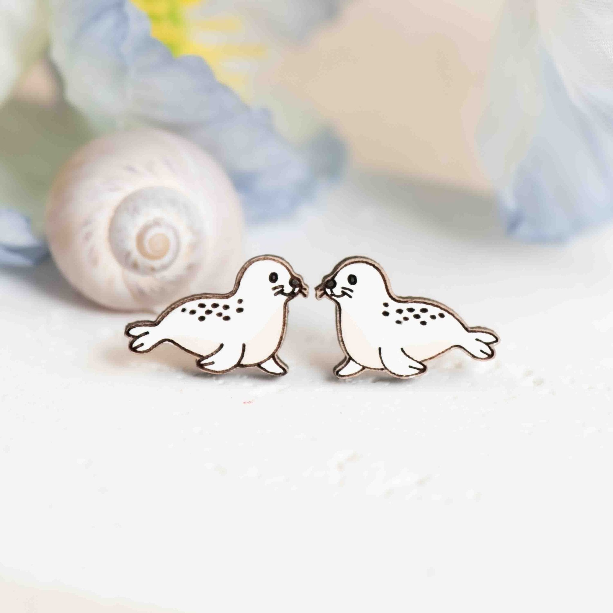 Hand - painted White Seal Wooden Stud Earrings - PES13136 - Robin Valley Official Store