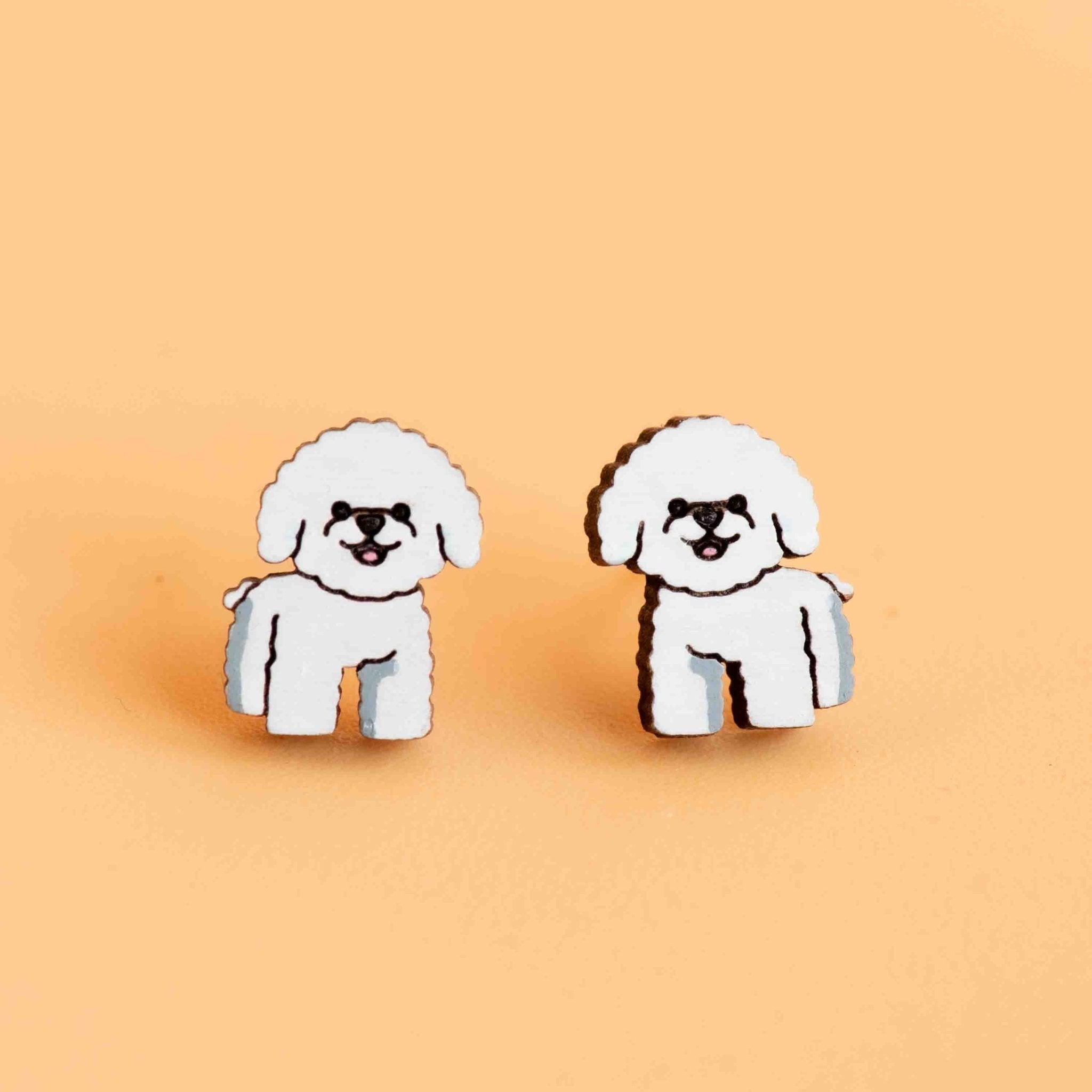 Hand - painted White Smiling Poodle Wooden Stud Earrings - PEL10425 - Robin Valley Official Store