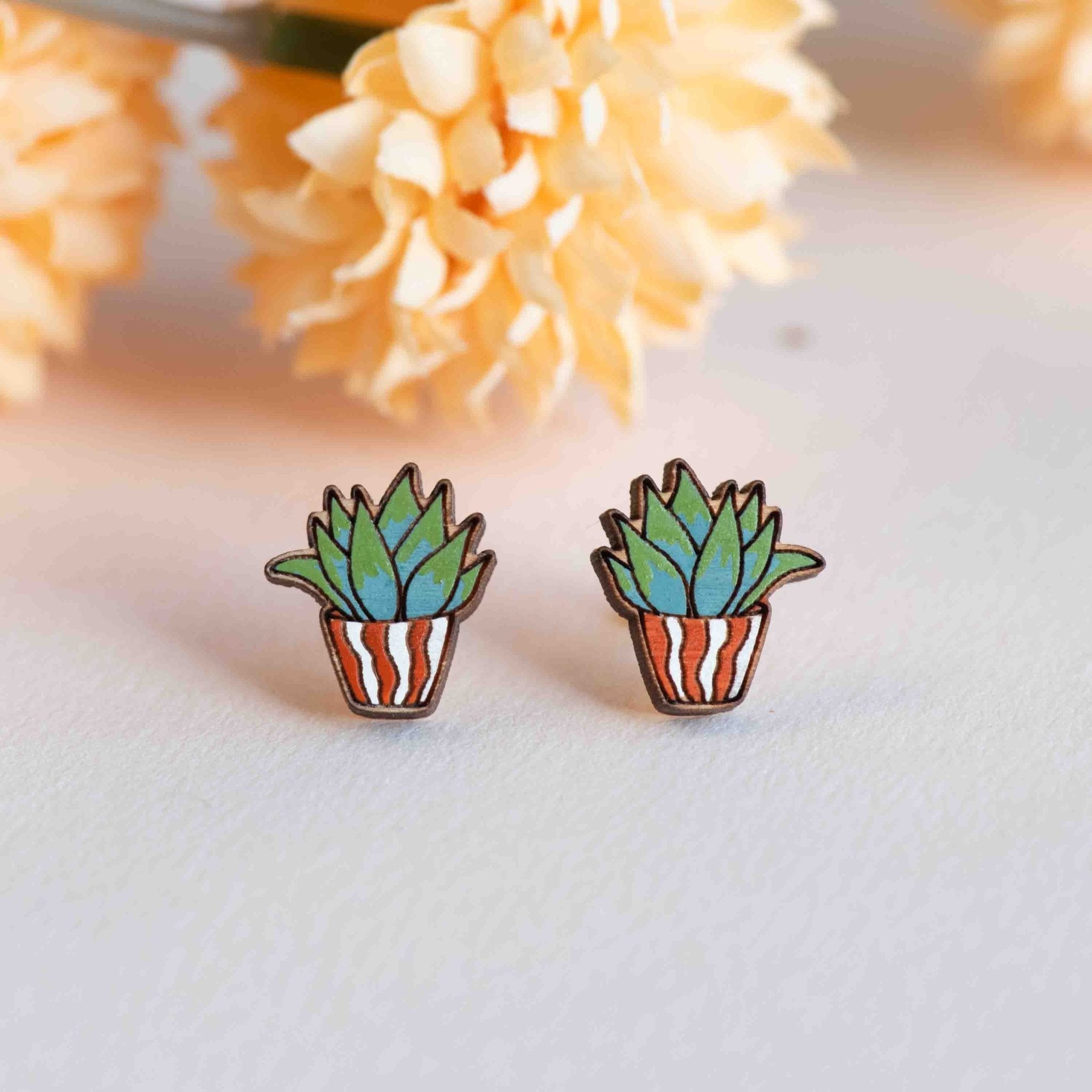 Hand - painted Wooden Aloe Plant Earrings - PEO14176 - Robin Valley Official Store