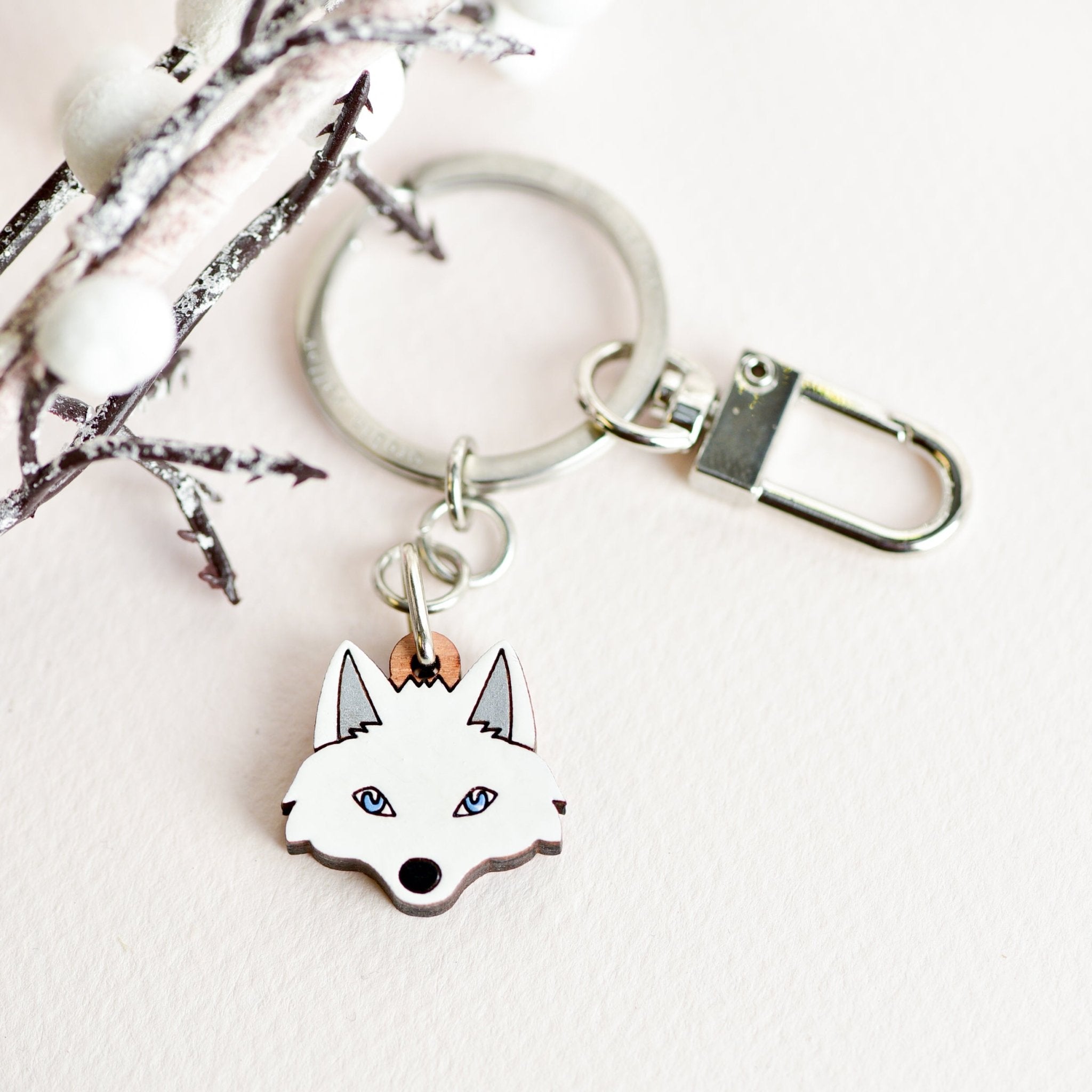 Hand - painted Wooden Arctic Fox Keyring - KL20453 - Robin Valley Official Store