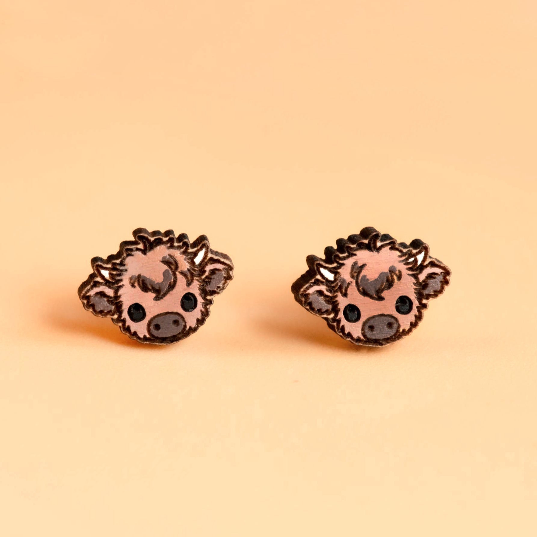 Hand - painted Wooden Baby Highland Cow Earrings - PEL10348 - Robin Valley Official Store