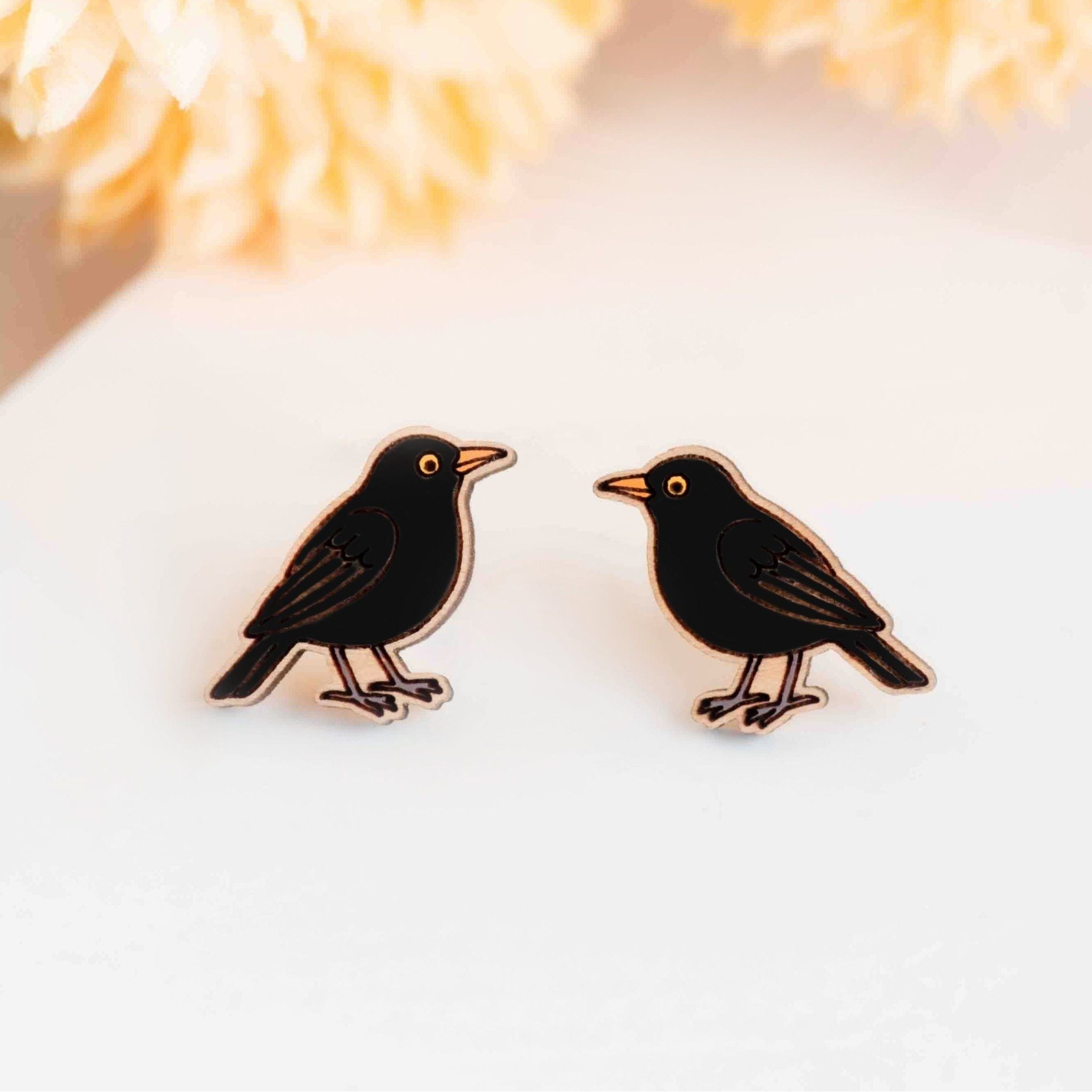 Hand - painted Wooden Black Bird Earrings - PEB12128 - Robin Valley Official Store
