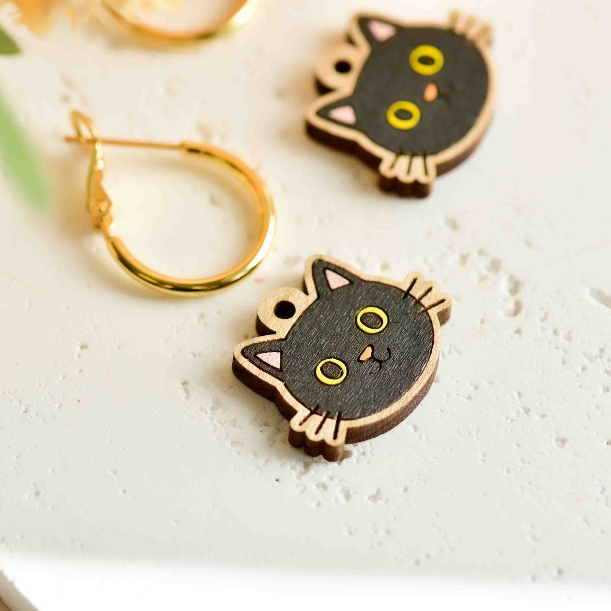 Hand - painted Wooden Black Cat Hoop Earrings - PEL10492H - Robin Valley Official Store