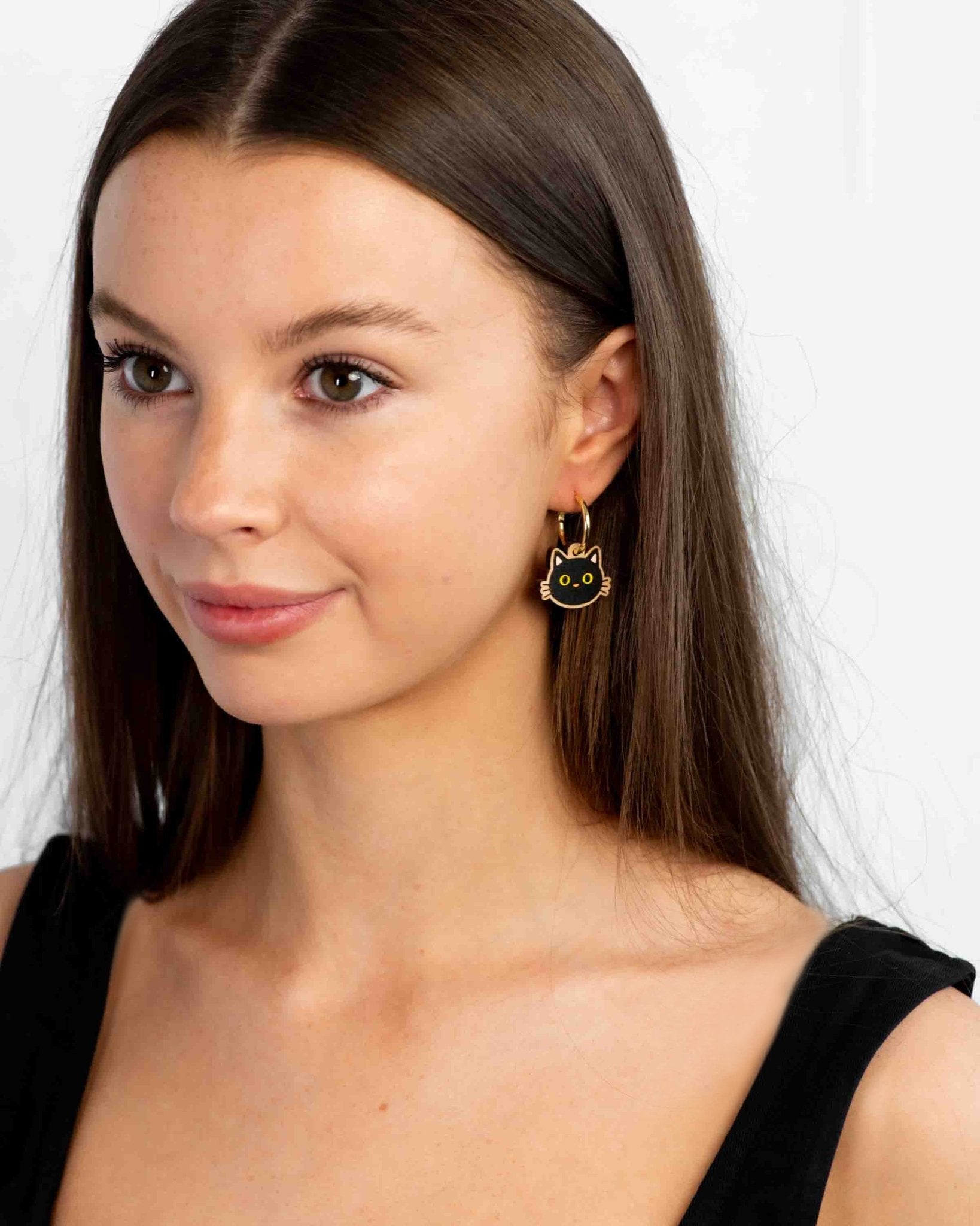 Hand - painted Wooden Black Cat Hoop Earrings - PEL10492H - Robin Valley Official Store