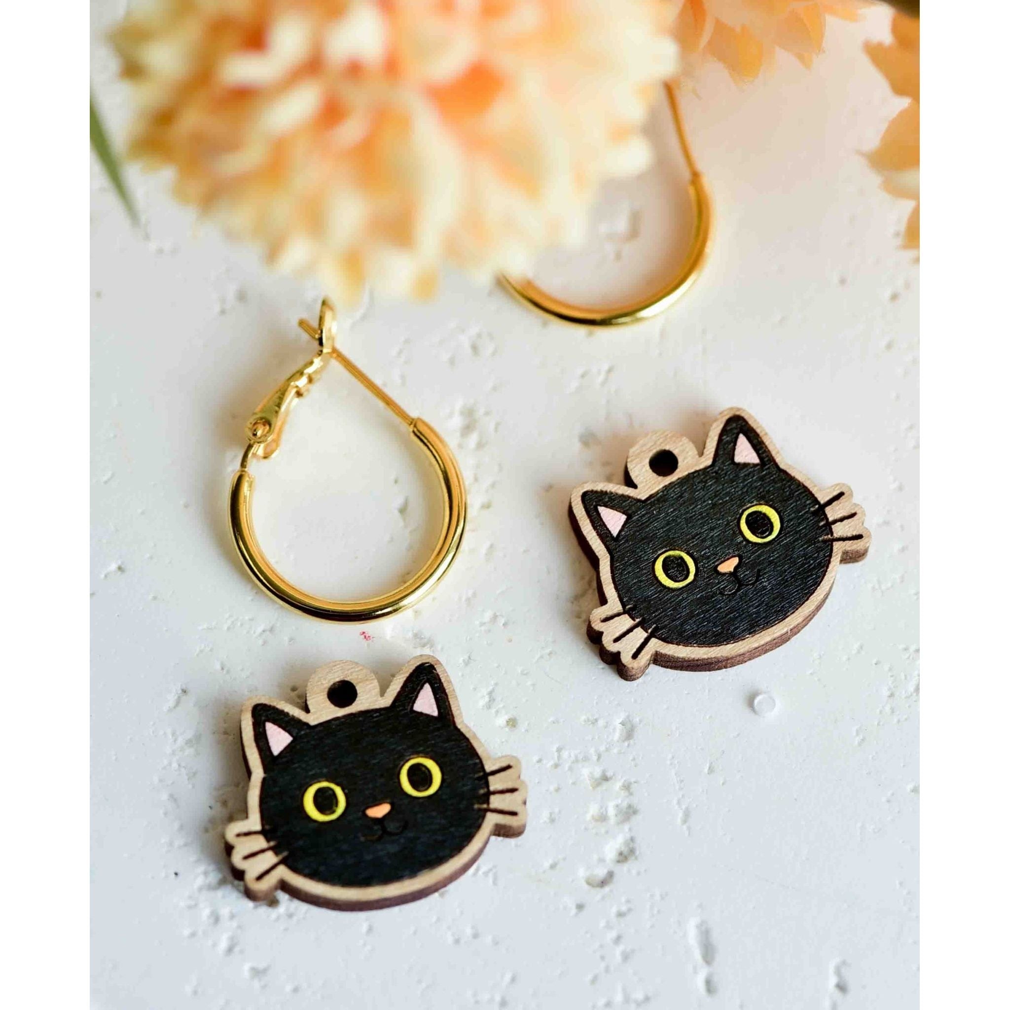 Hand - painted Wooden Black Cat Hoop Earrings - PEL10492H - Robin Valley Official Store