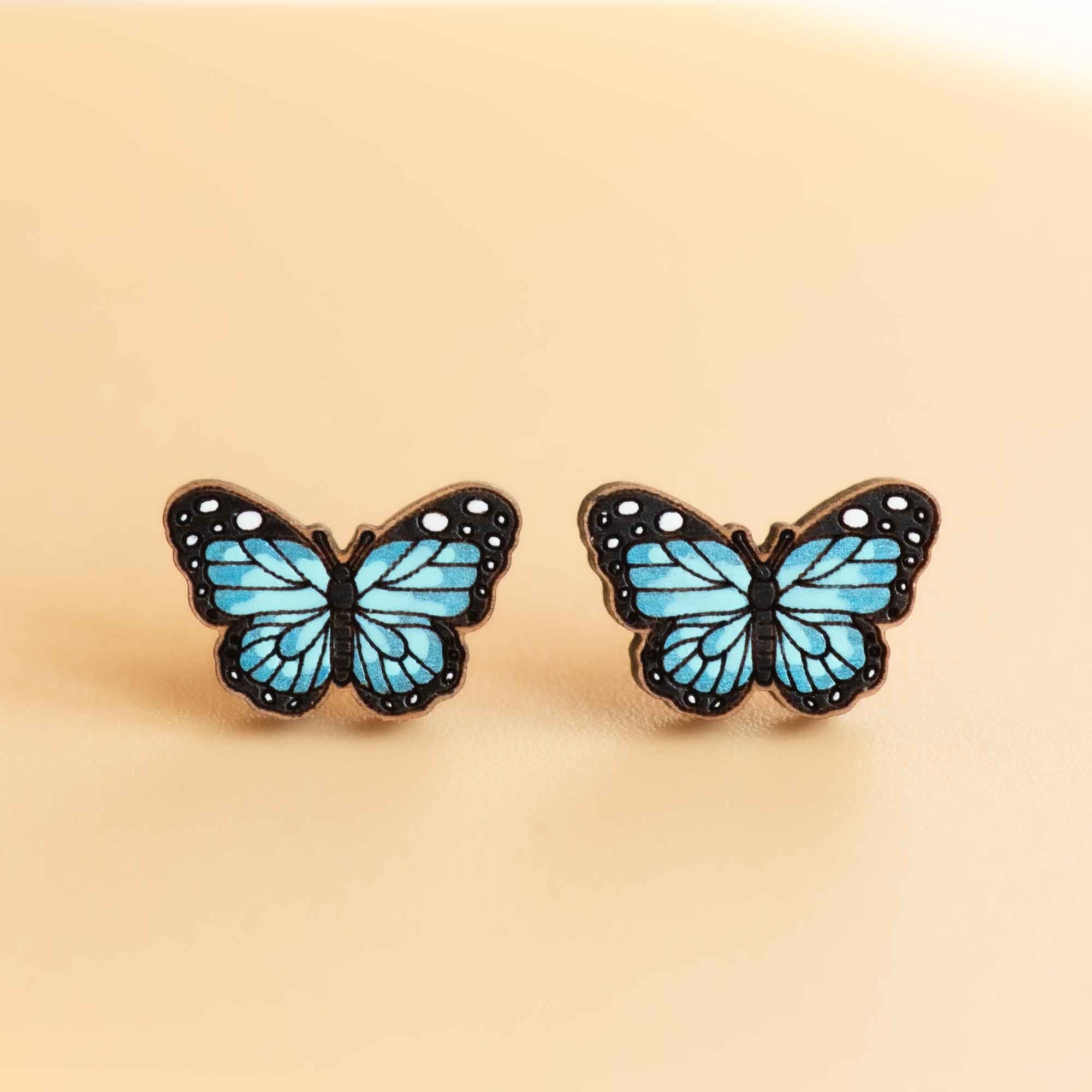 Hand - painted Wooden Blue Butterfly Earrings - PEO14147 - Robin Valley Official Store