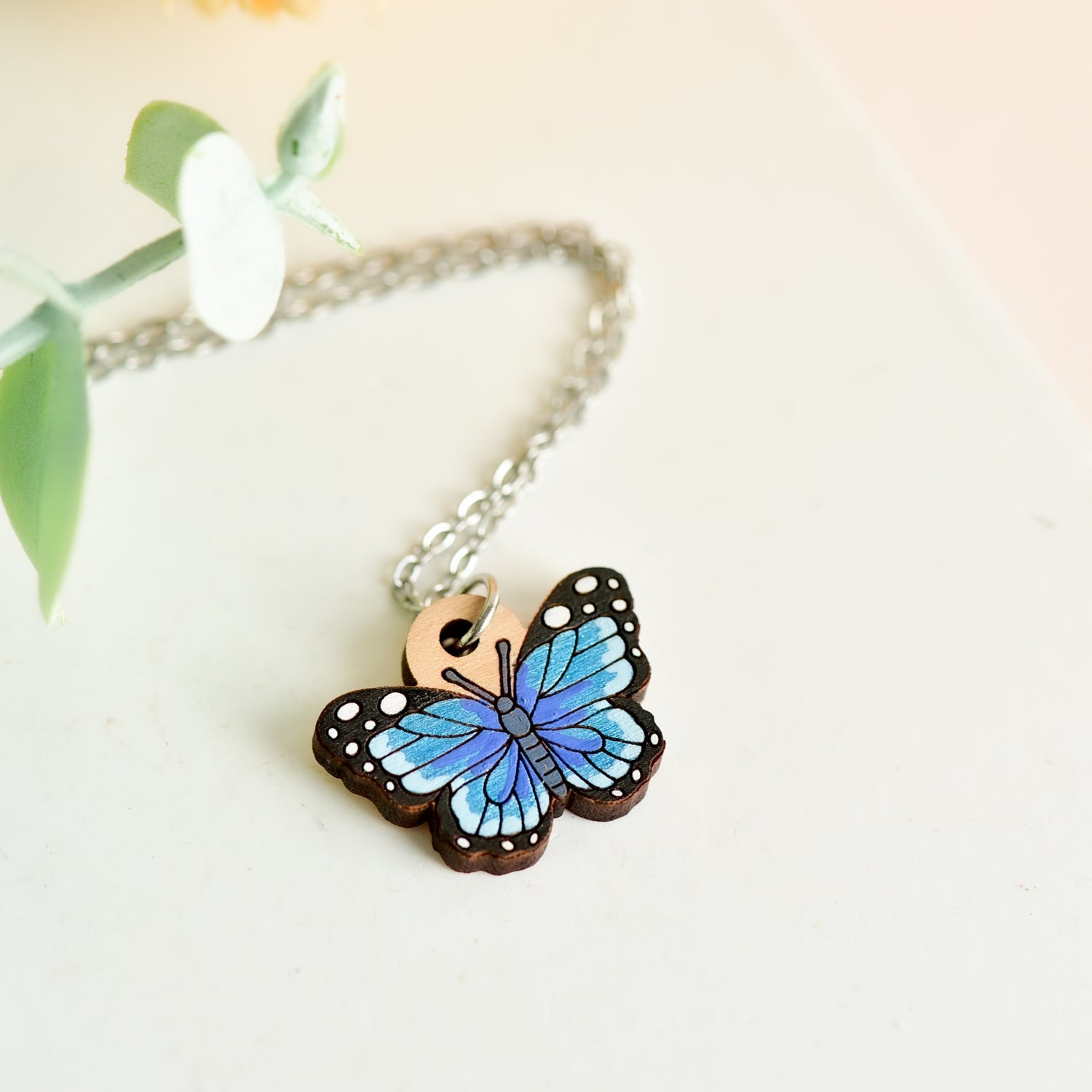 Hand Painted Wooden Blue Butterfly Necklace - Robin Valley Official Store