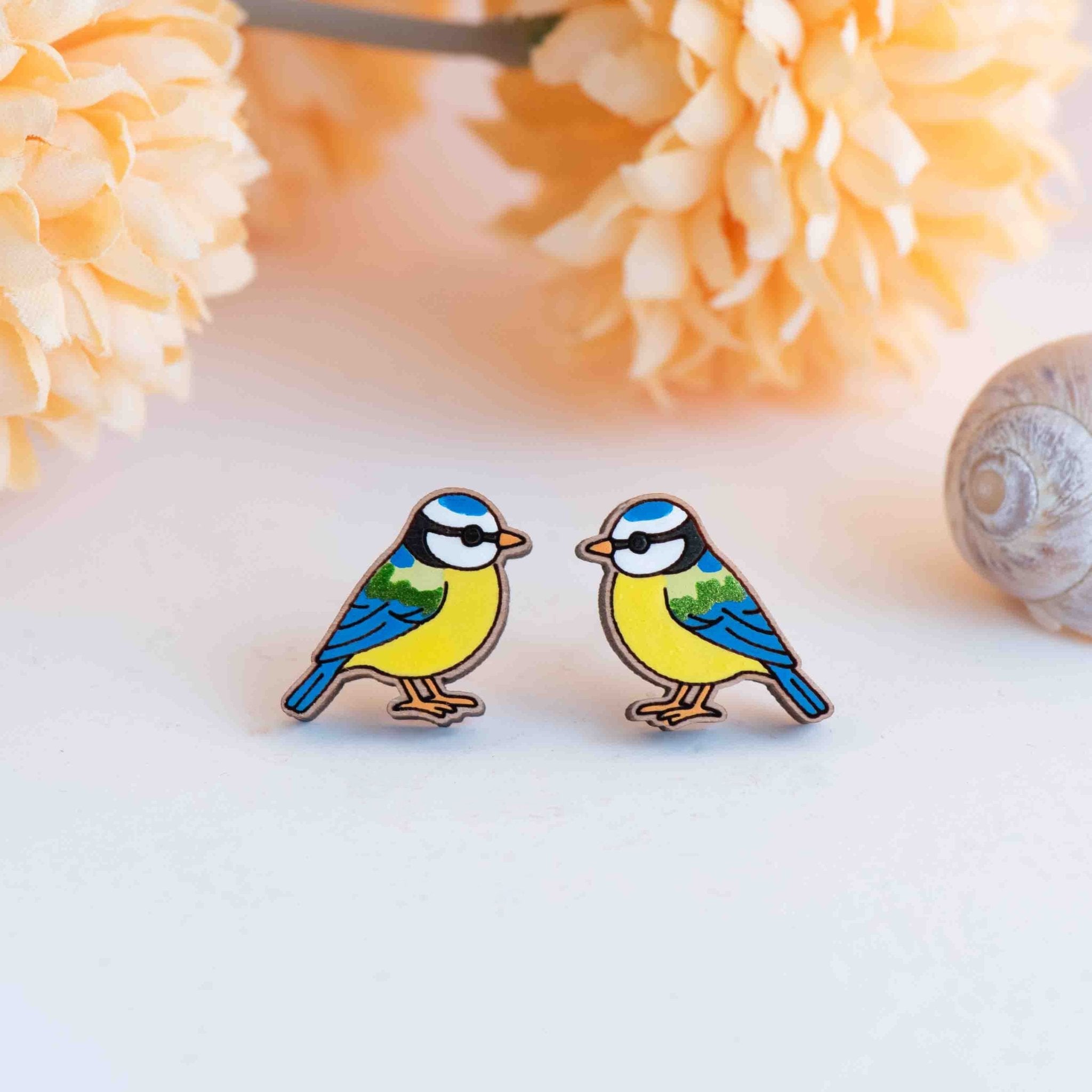 Hand - painted Wooden Blue Tit Earrings (2025) - PEB12112 - Robin Valley Official Store