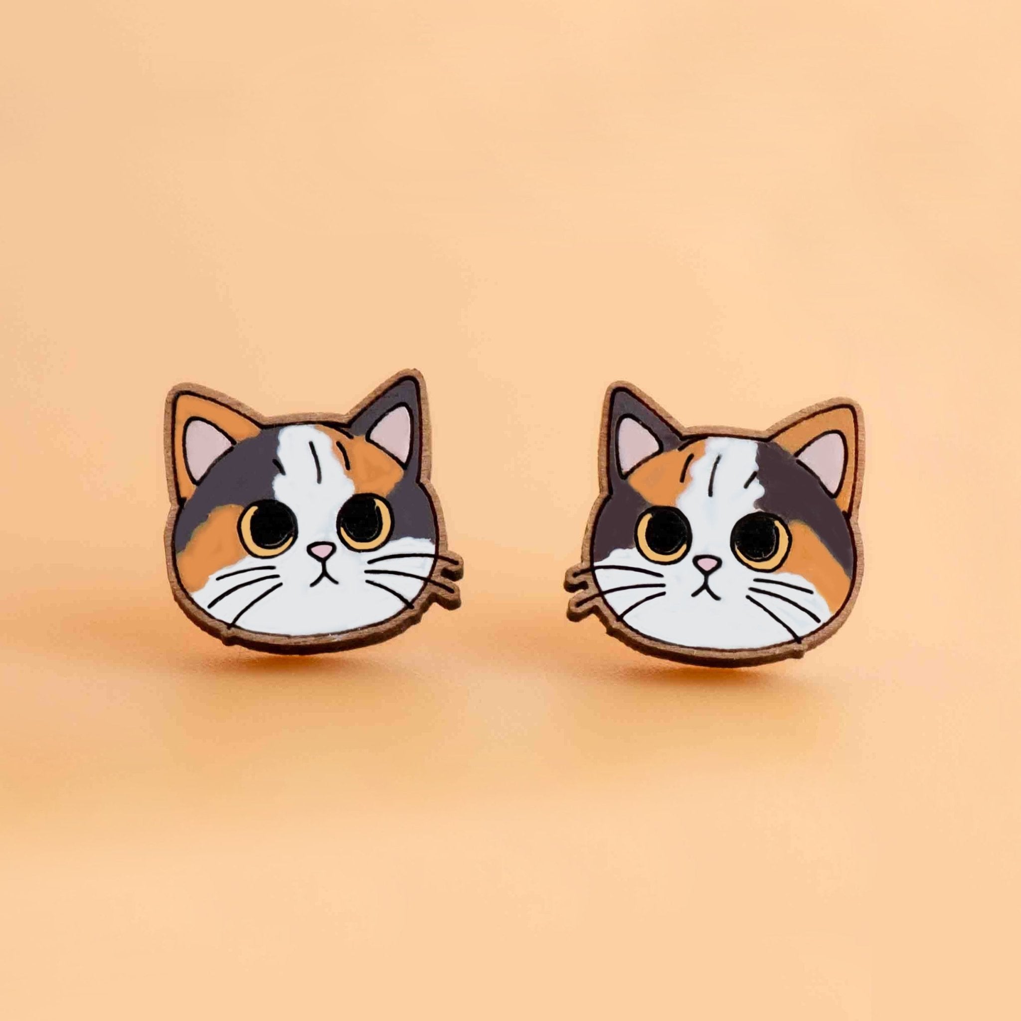 Hand - painted Wooden Calico Cat Earrings - PEL10449 - Robin Valley Official Store