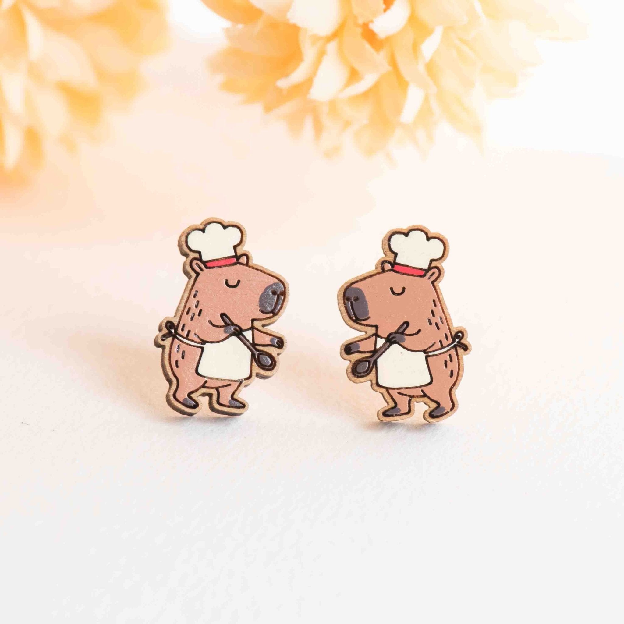 Hand - painted Wooden Capybara Chef Earrings - PEL10493 - Robin Valley Official Store