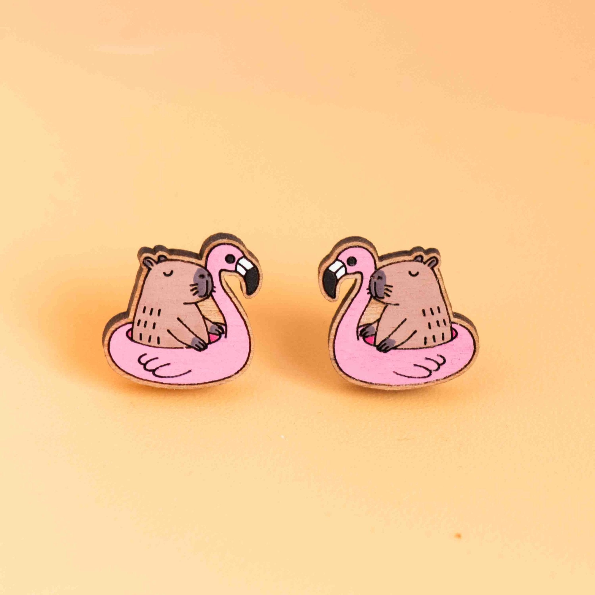 Hand - painted Wooden Capybara Ride On Inflatable Flamingo Earrings - PEL10459 - Robin Valley Official Store