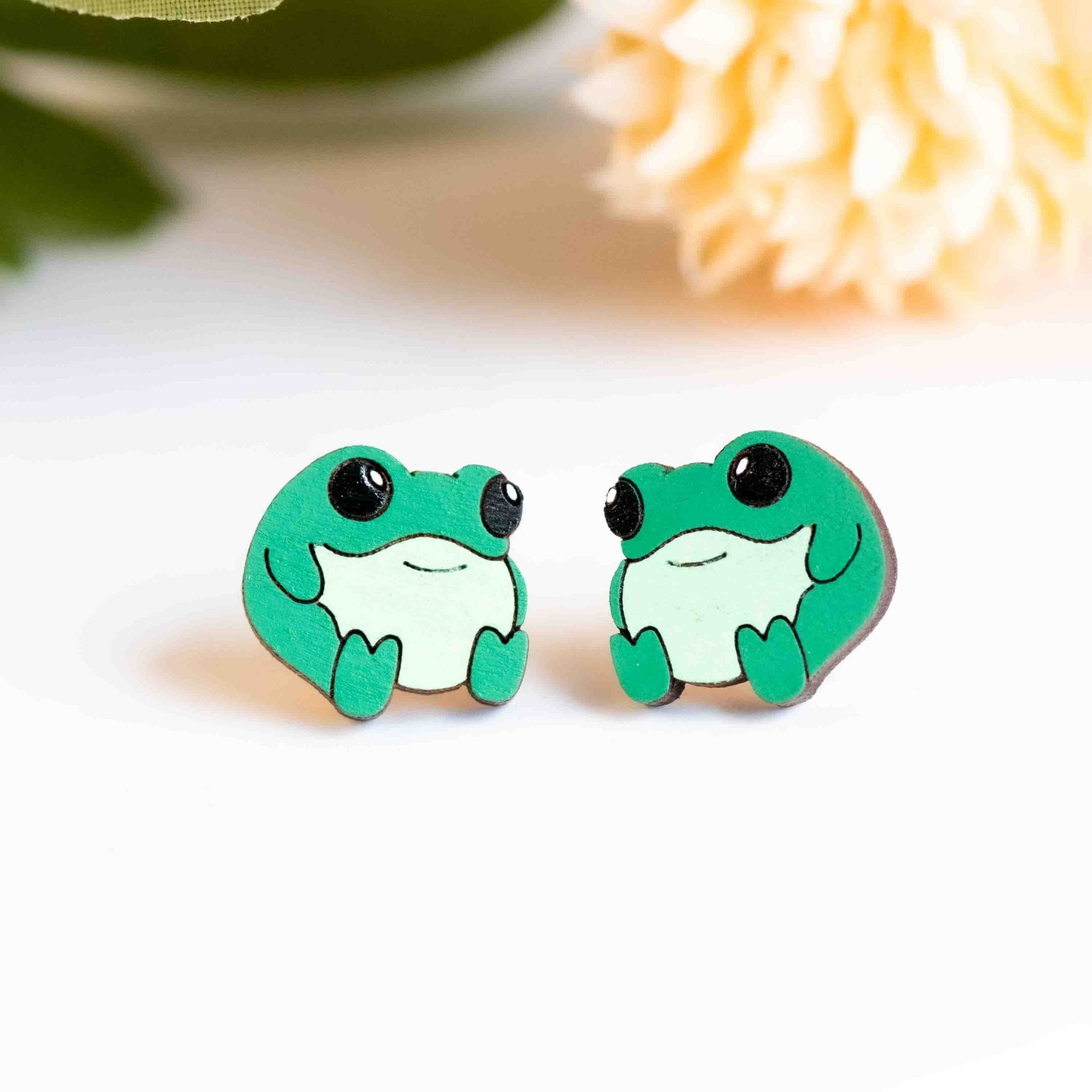 Hand - painted Wooden Chubby Frog Earrings - PEL10463 - Robin Valley Official Store