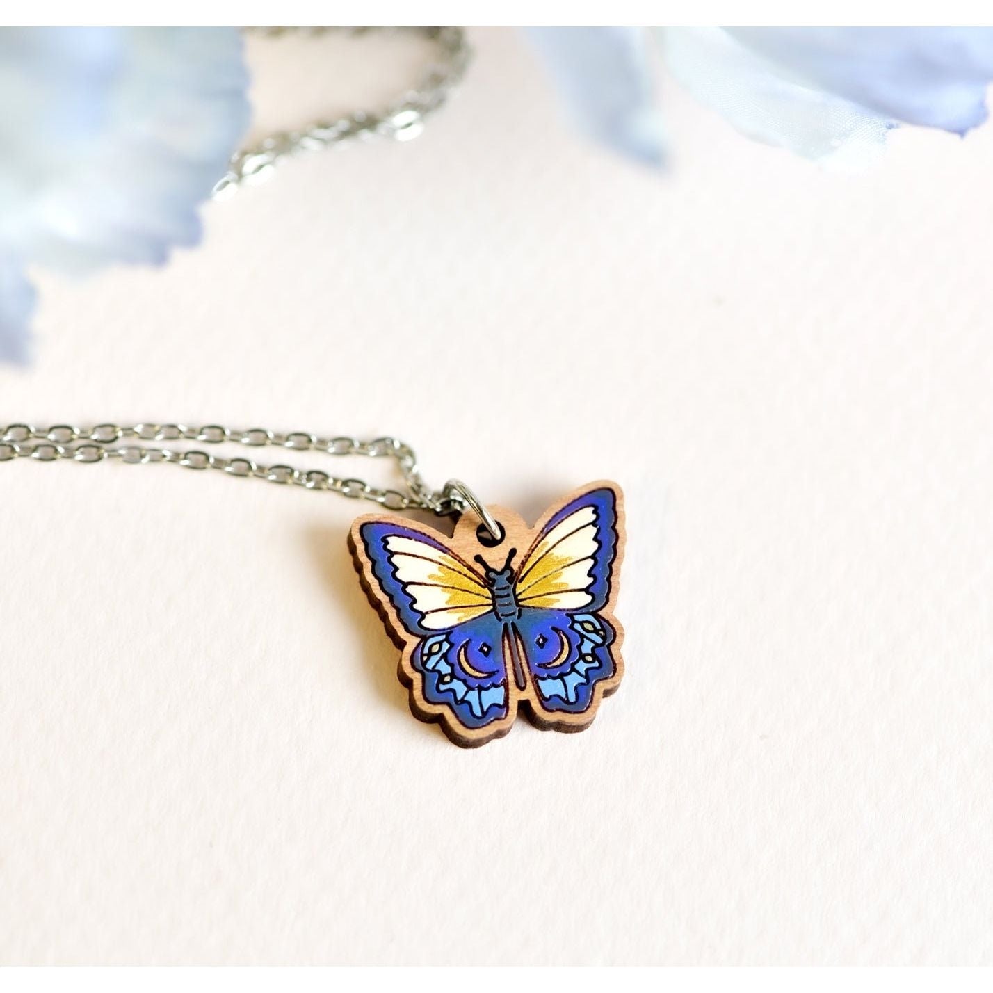 Hand Painted Wooden Crescent Butterfly Necklace - NO64268 - Robin Valley Official Store