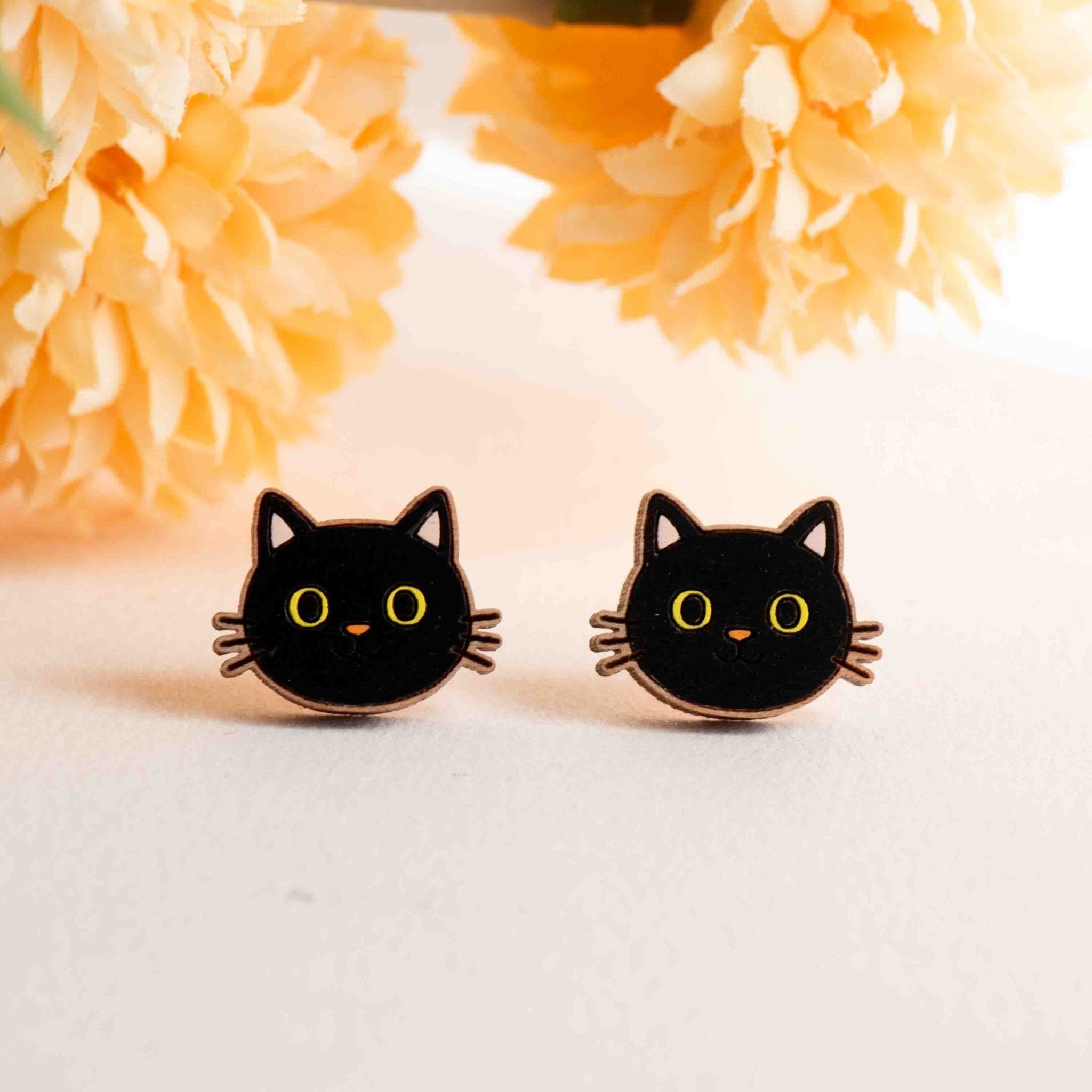 Hand - painted Wooden Cute Black Cat Stud Earrings - PEL10492 - Robin Valley Official Store