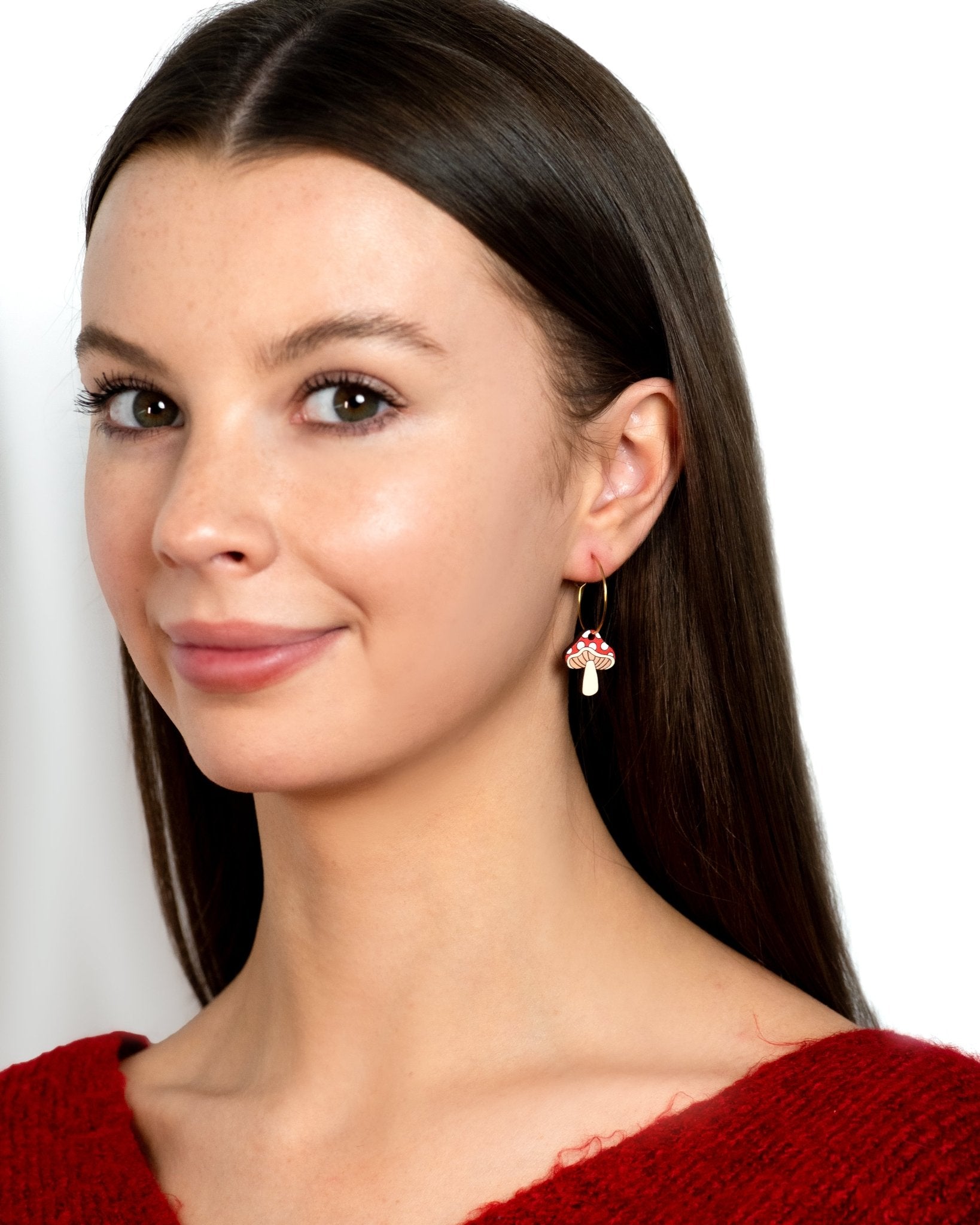 Hand - painted Wooden Cute Toadstool Hoop Earrings - PEO14248H - Robin Valley Official Store