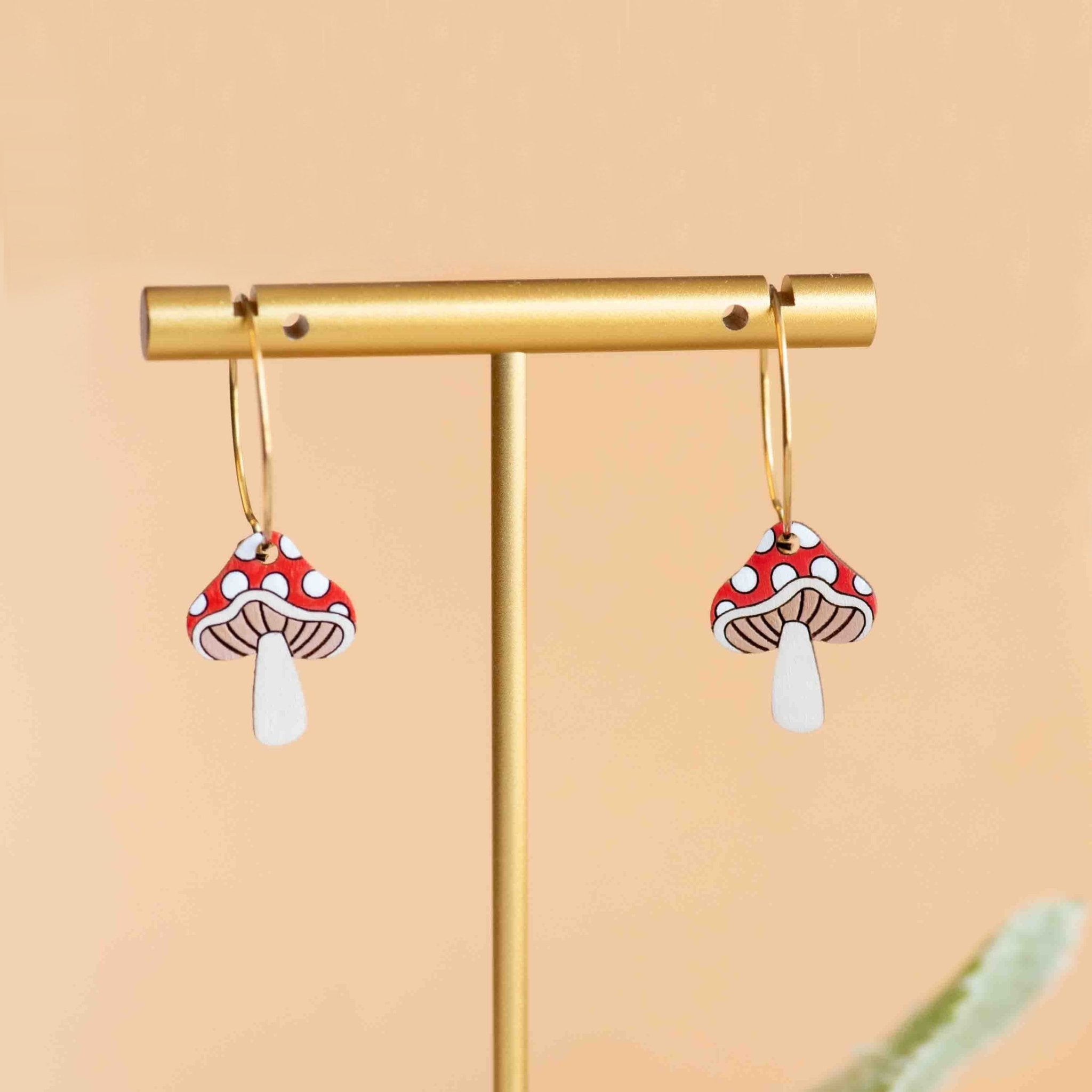 Hand - painted Wooden Cute Toadstool Hoop Earrings - PEO14248H - Robin Valley Official Store