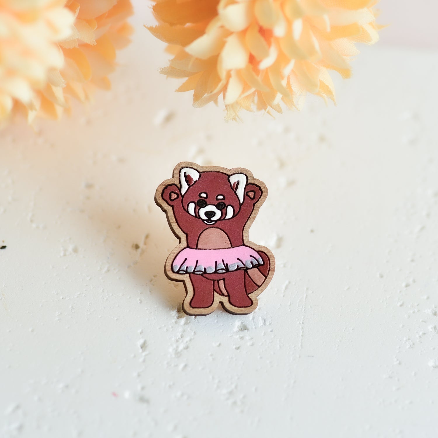 Hand - painted Wooden Dancing Red Panda Pin Badge - PL40185 - Robin Valley Official Store