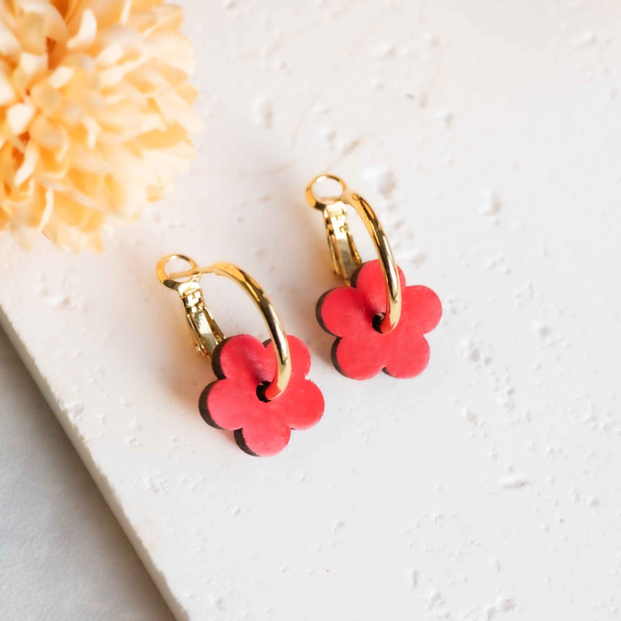 Hand - painted Wooden Double Sided Flower Hoop Earrings - PEO14113 - Robin Valley Official Store