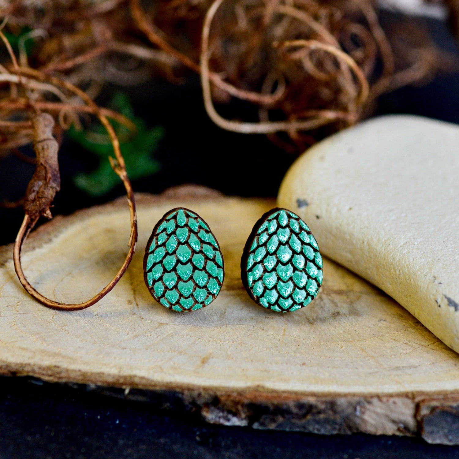 Hand - painted Wooden Dragon Egg Stud Earrings - PET15509 - Robin Valley Official Store