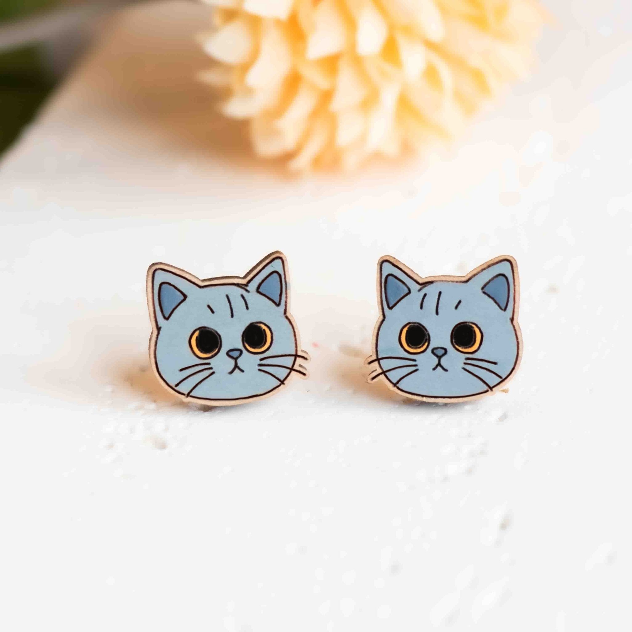 Hand - painted Wooden English Shorthair Cat Earrings - PEL10435 - Robin Valley Official Store