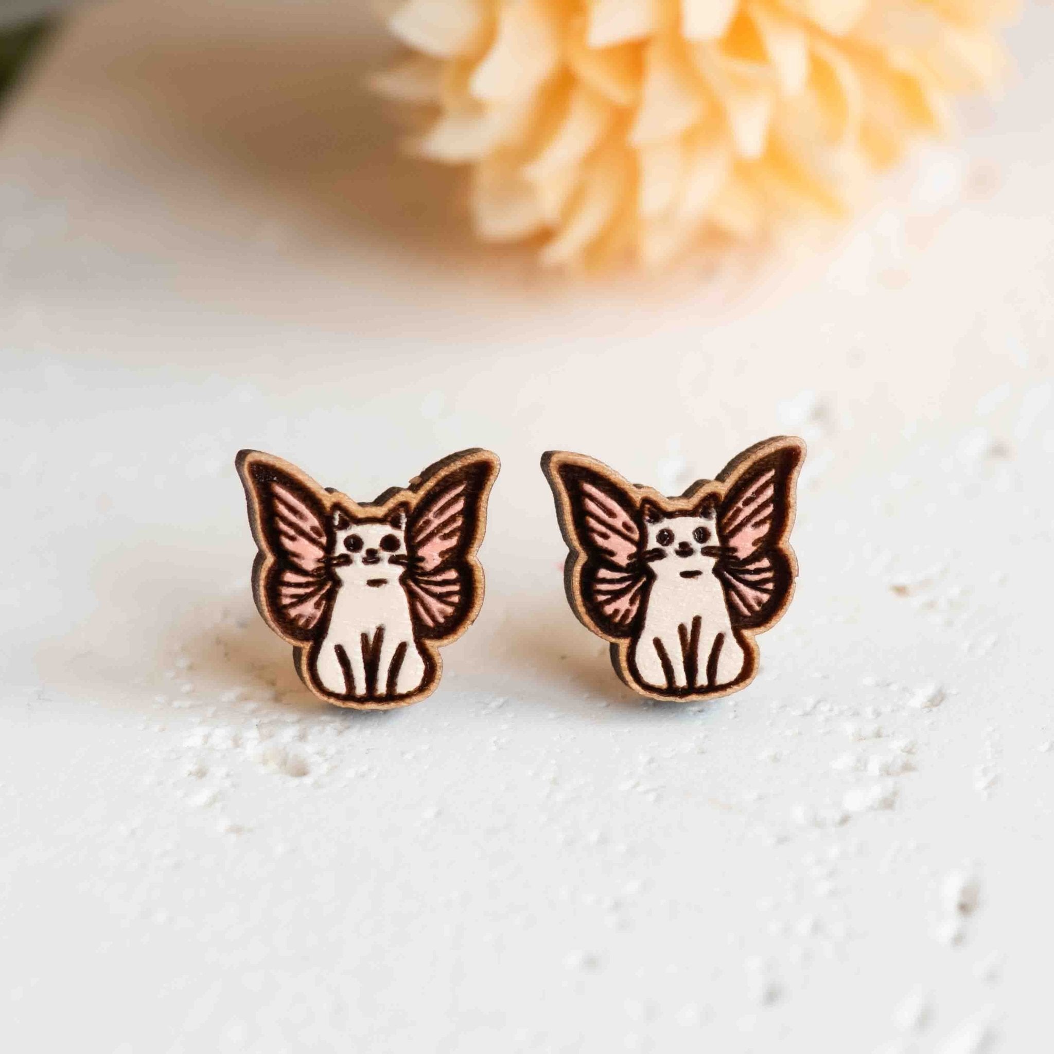Hand - painted Wooden Fairy Cat Stud Earrings - PEL10397 - Robin Valley Official Store